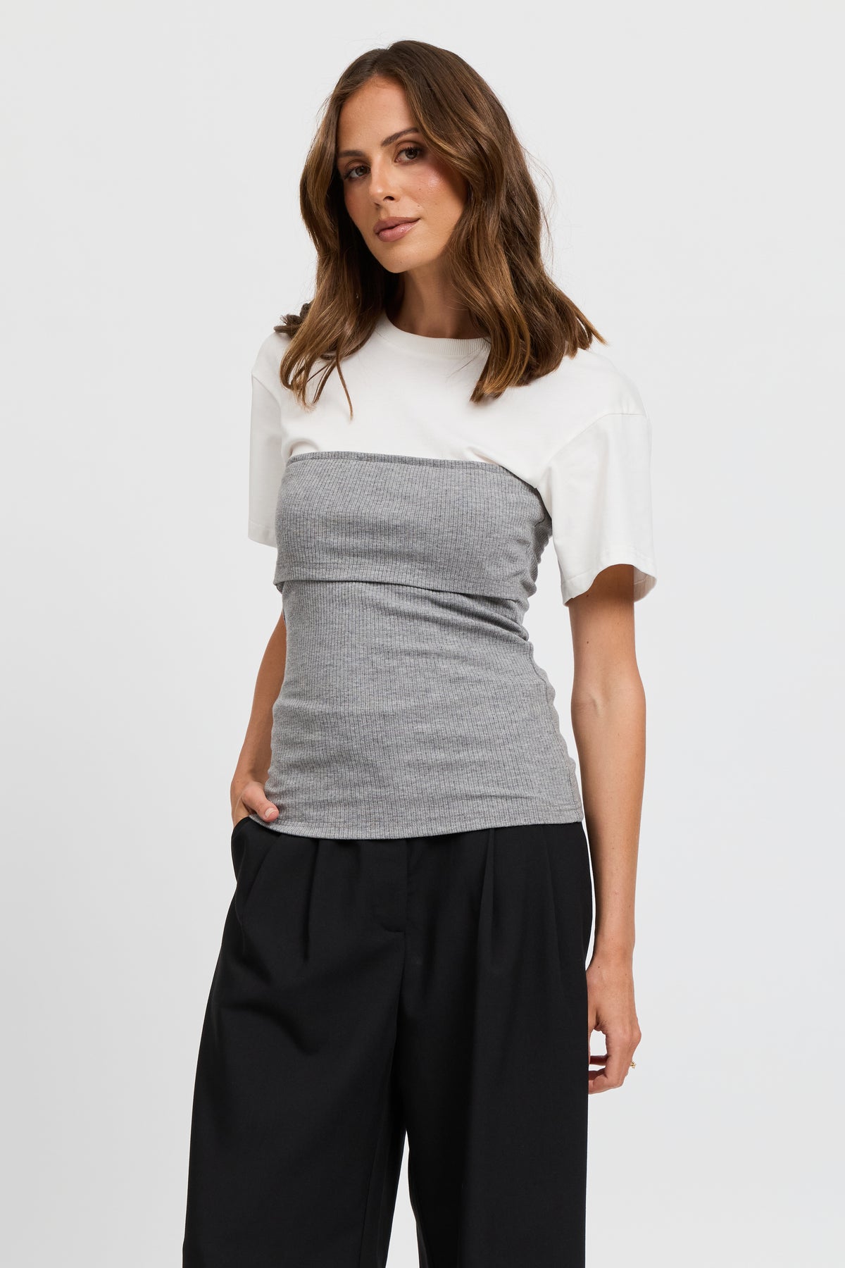 Cleo Ribbed Bodice Tee - White / Grey Marle