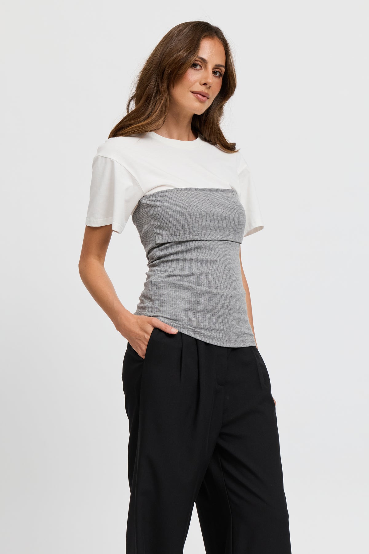 Cleo Ribbed Bodice Tee - White / Grey Marle