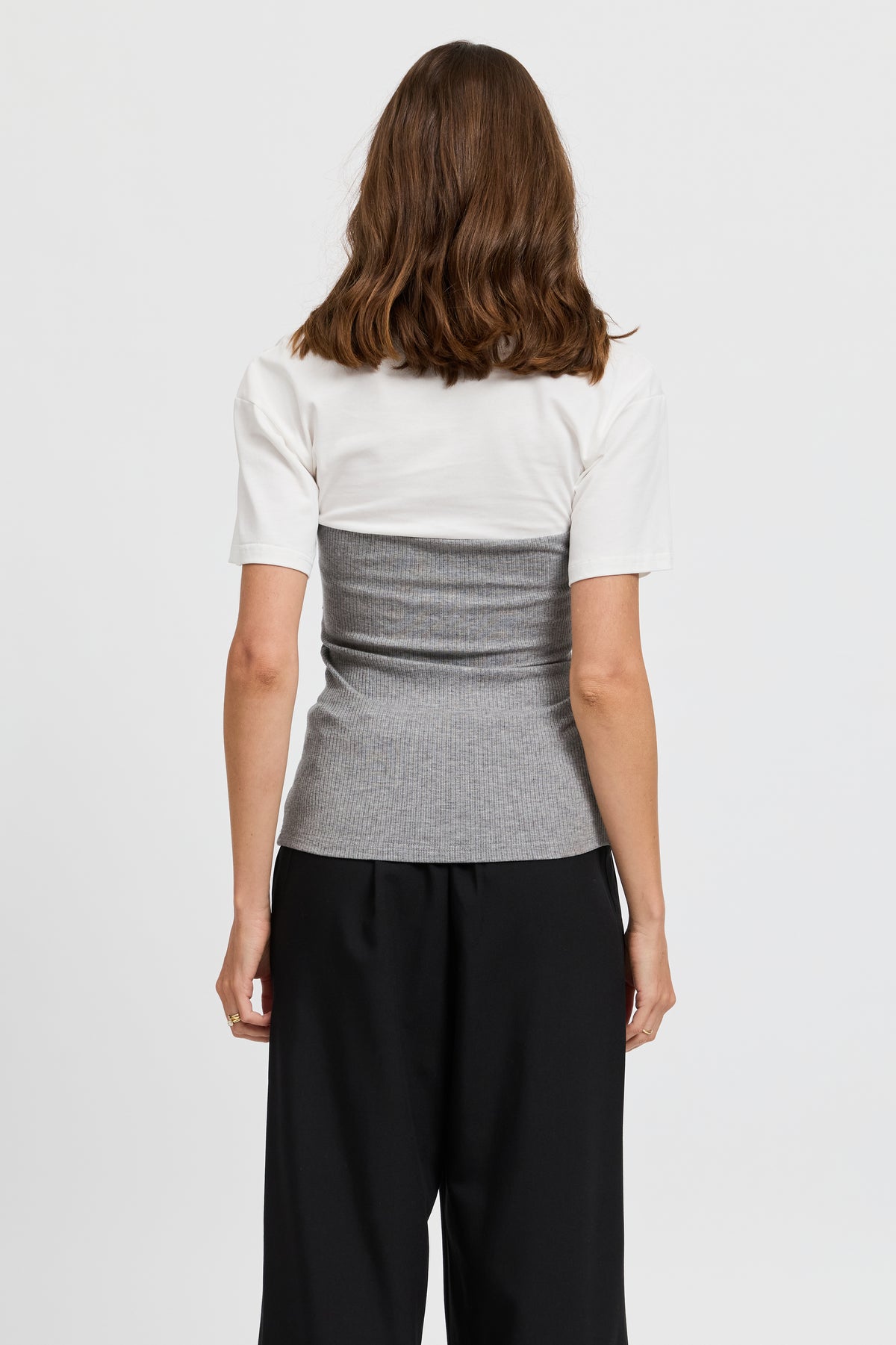 Cleo Ribbed Bodice Tee - White / Grey Marle