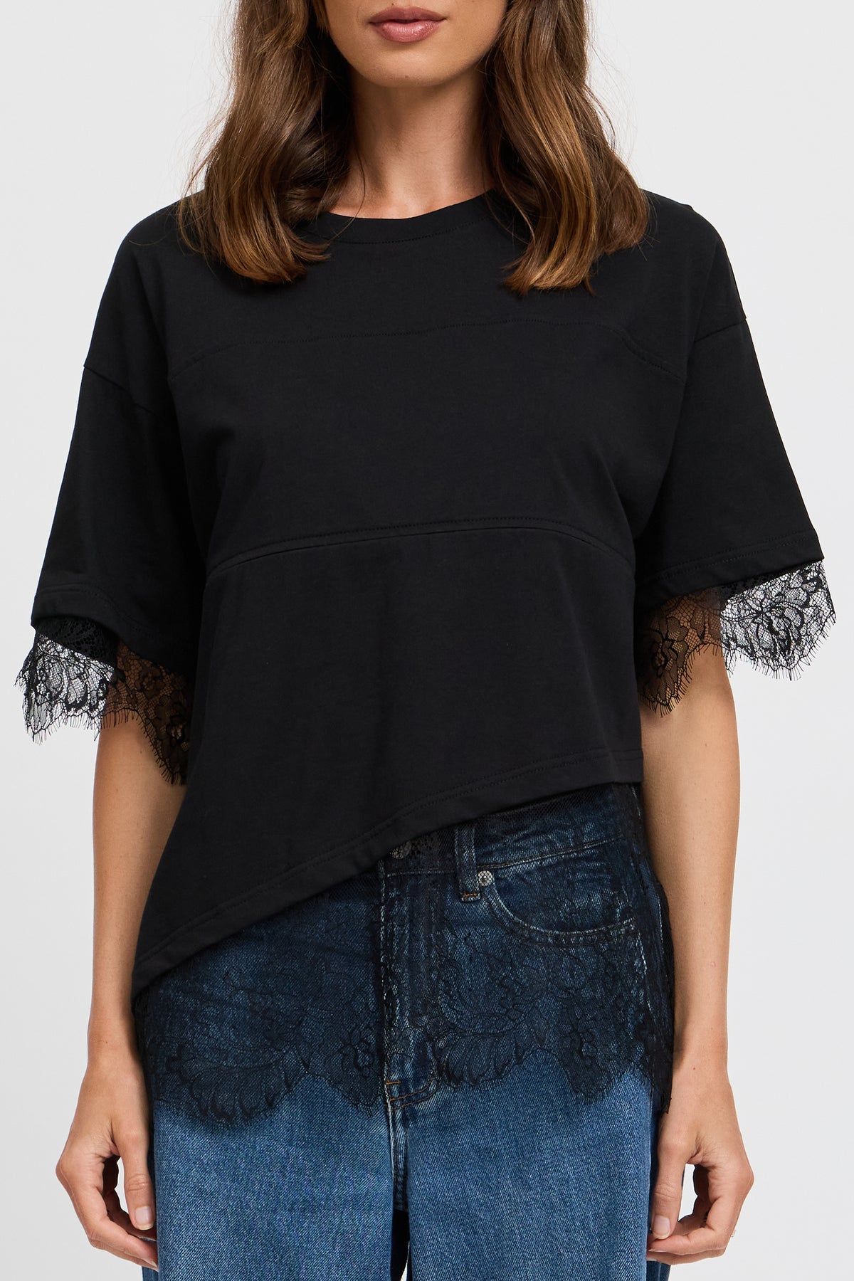 Sutton Lace-Trim Asymmetrical Panel Tee - Black