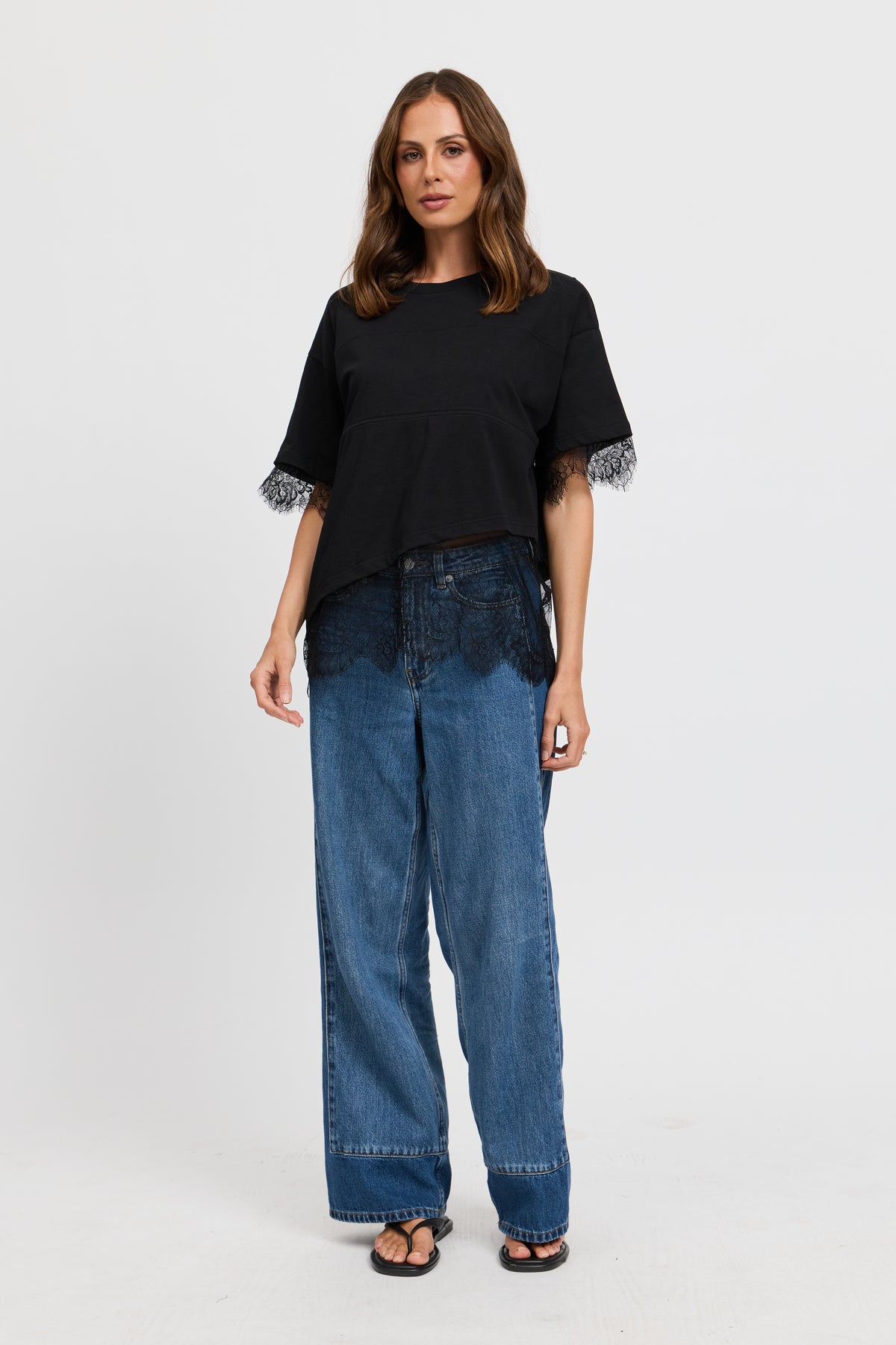 Sutton Lace-Trim Asymmetrical Panel Tee - Black
