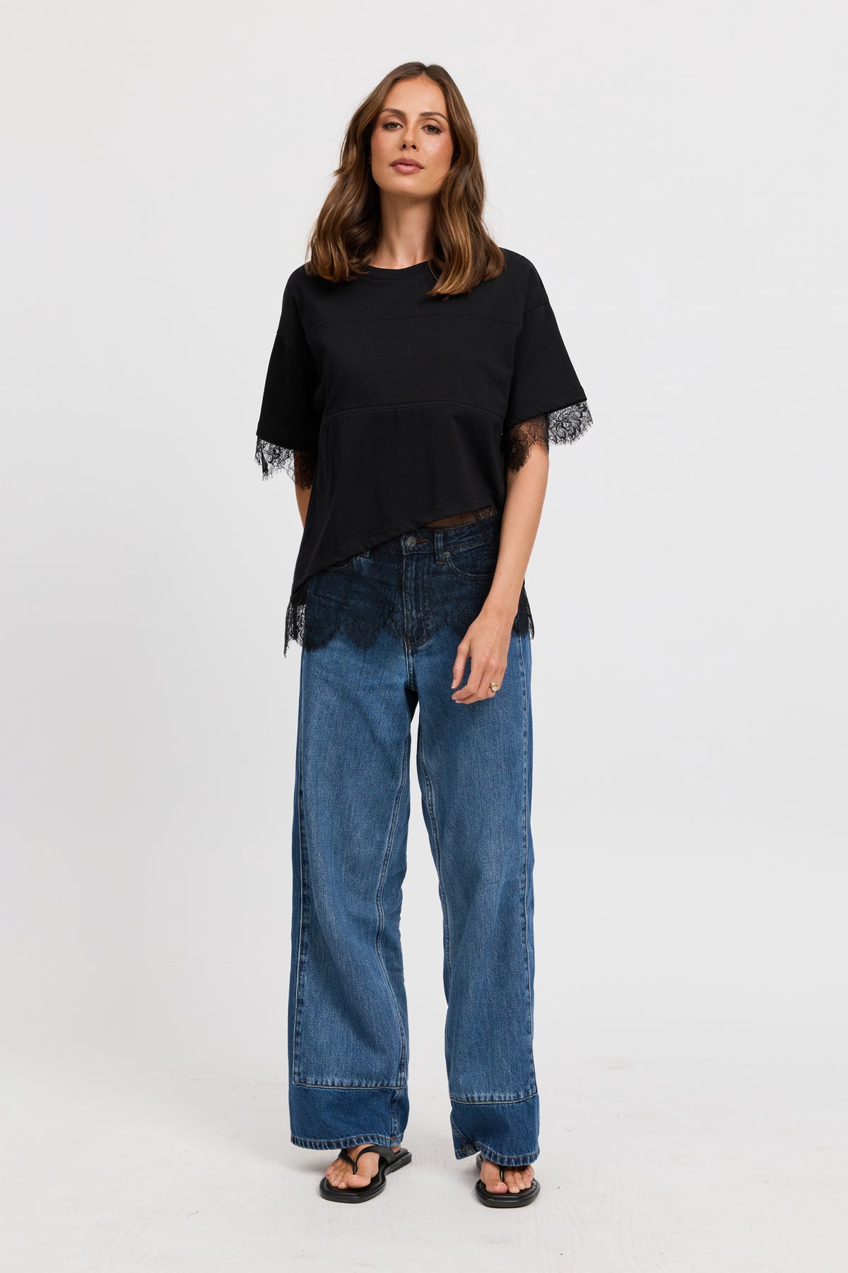 Sutton Lace-Trim Asymmetrical Panel Tee - Black