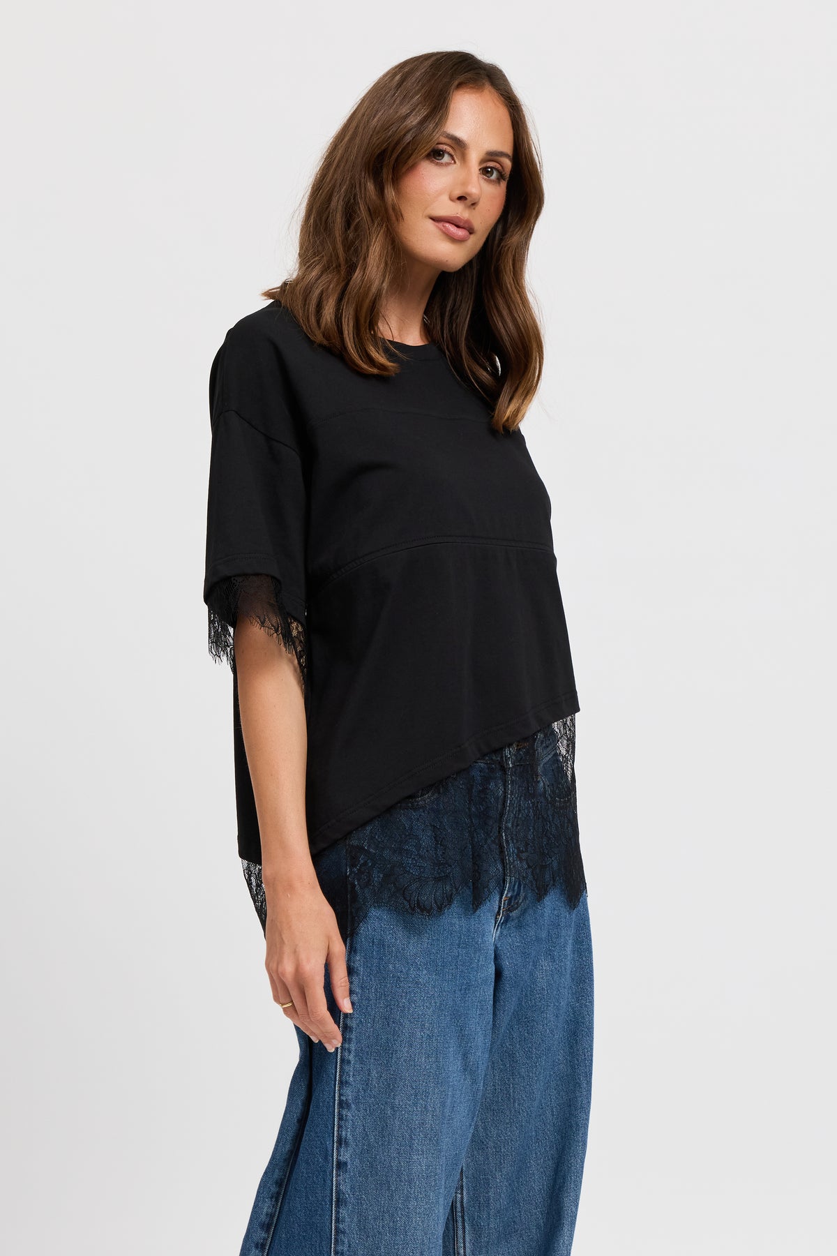 Sutton Lace-Trim Asymmetrical Panel Tee - Black