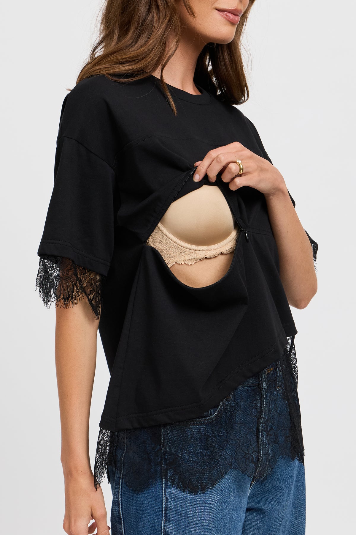 Sutton Lace-Trim Asymmetrical Panel Tee - Black