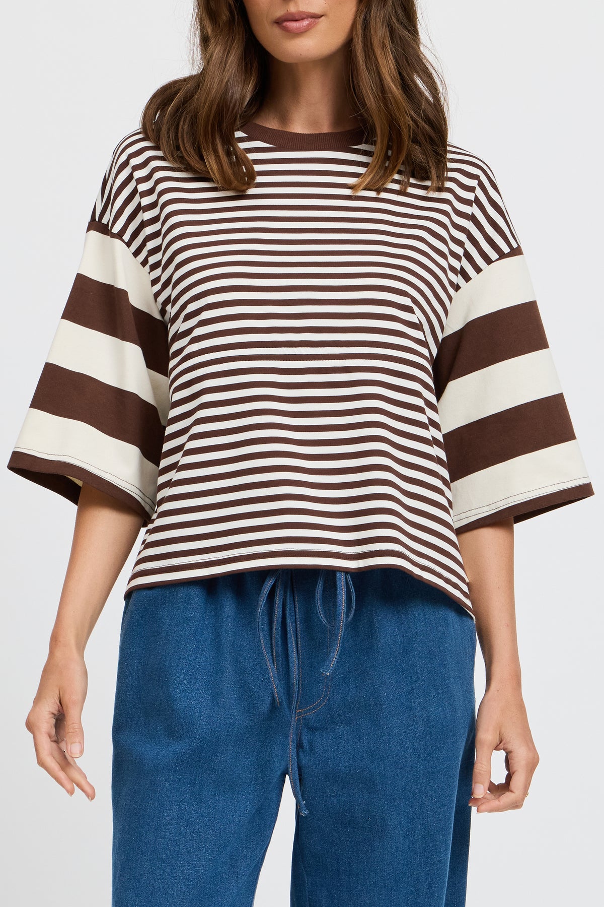 Brooklyn Mixed Stripe Slouch Panel Tee - Chocolate / White