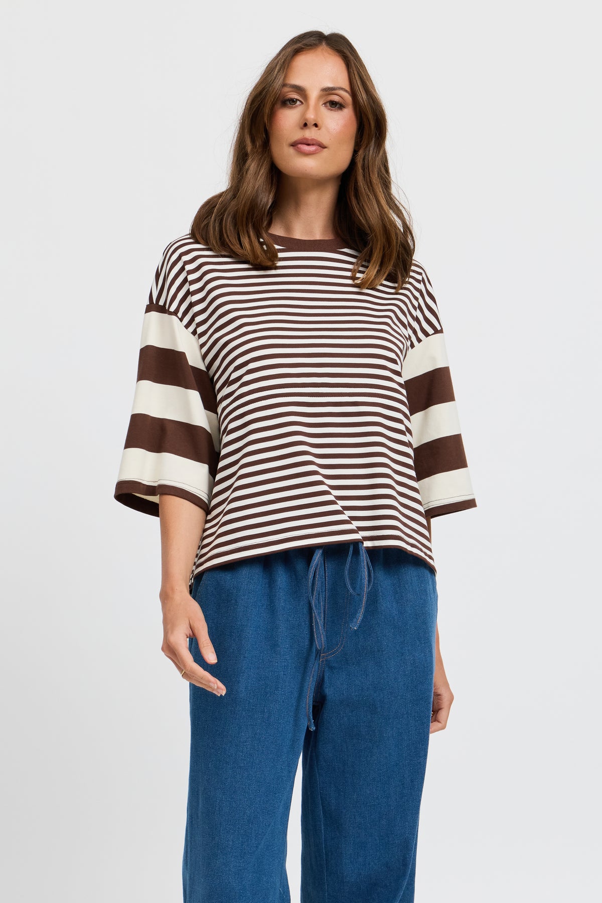 Brooklyn Mixed Stripe Slouch Panel Tee - Chocolate / White