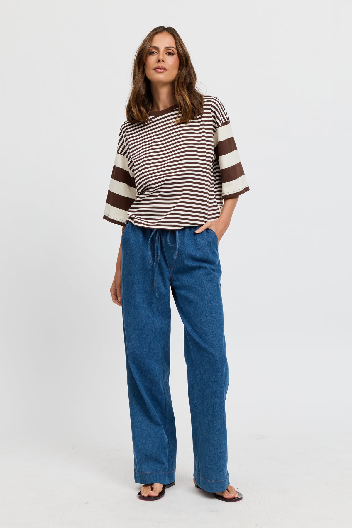 Brooklyn Mixed Stripe Slouch Panel Tee - Chocolate / White