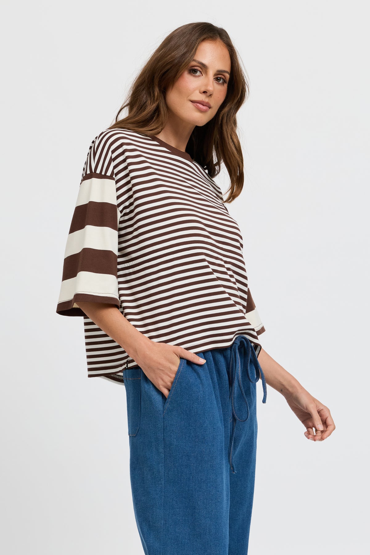 Brooklyn Mixed Stripe Slouch Panel Tee - Chocolate / White