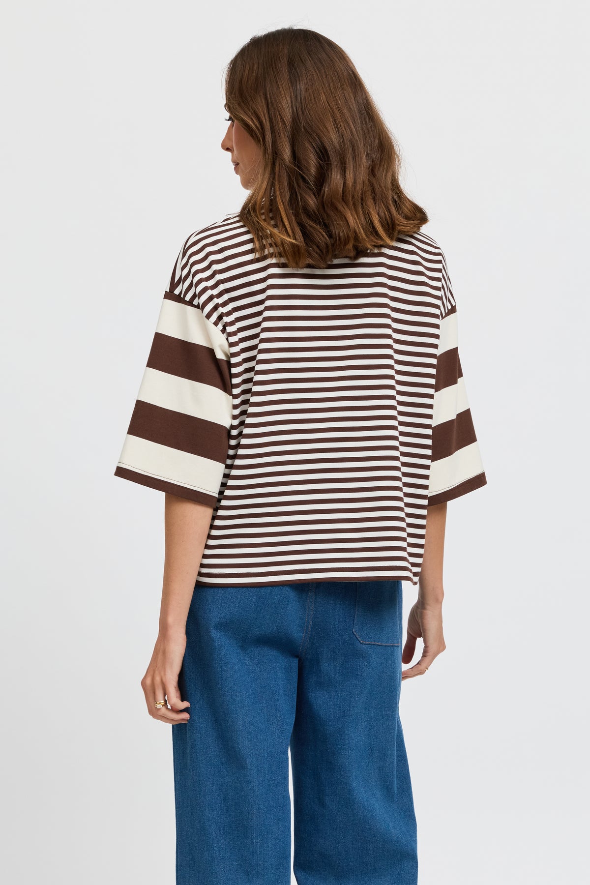 Brooklyn Mixed Stripe Slouch Panel Tee - Chocolate / White