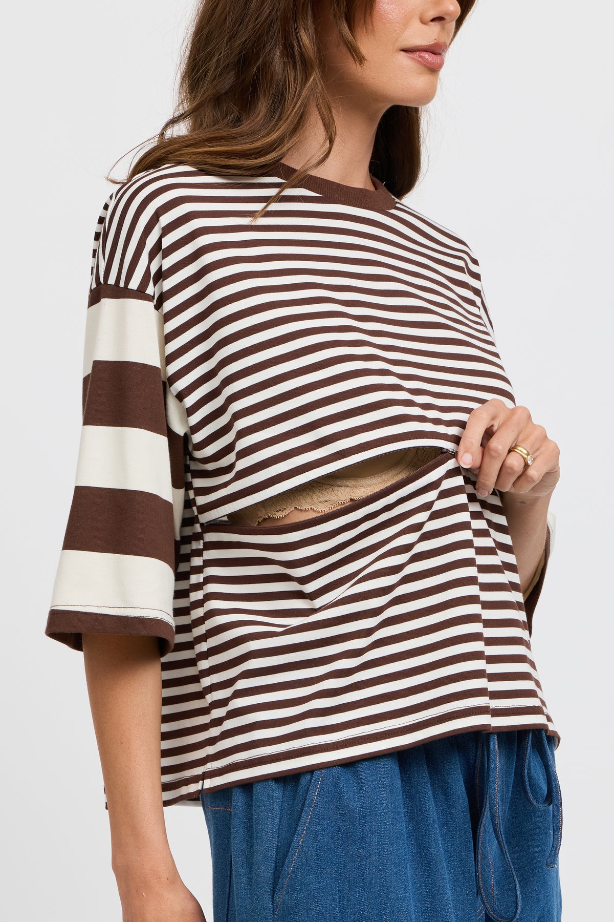 Brooklyn Mixed Stripe Slouch Panel Tee - Chocolate / White