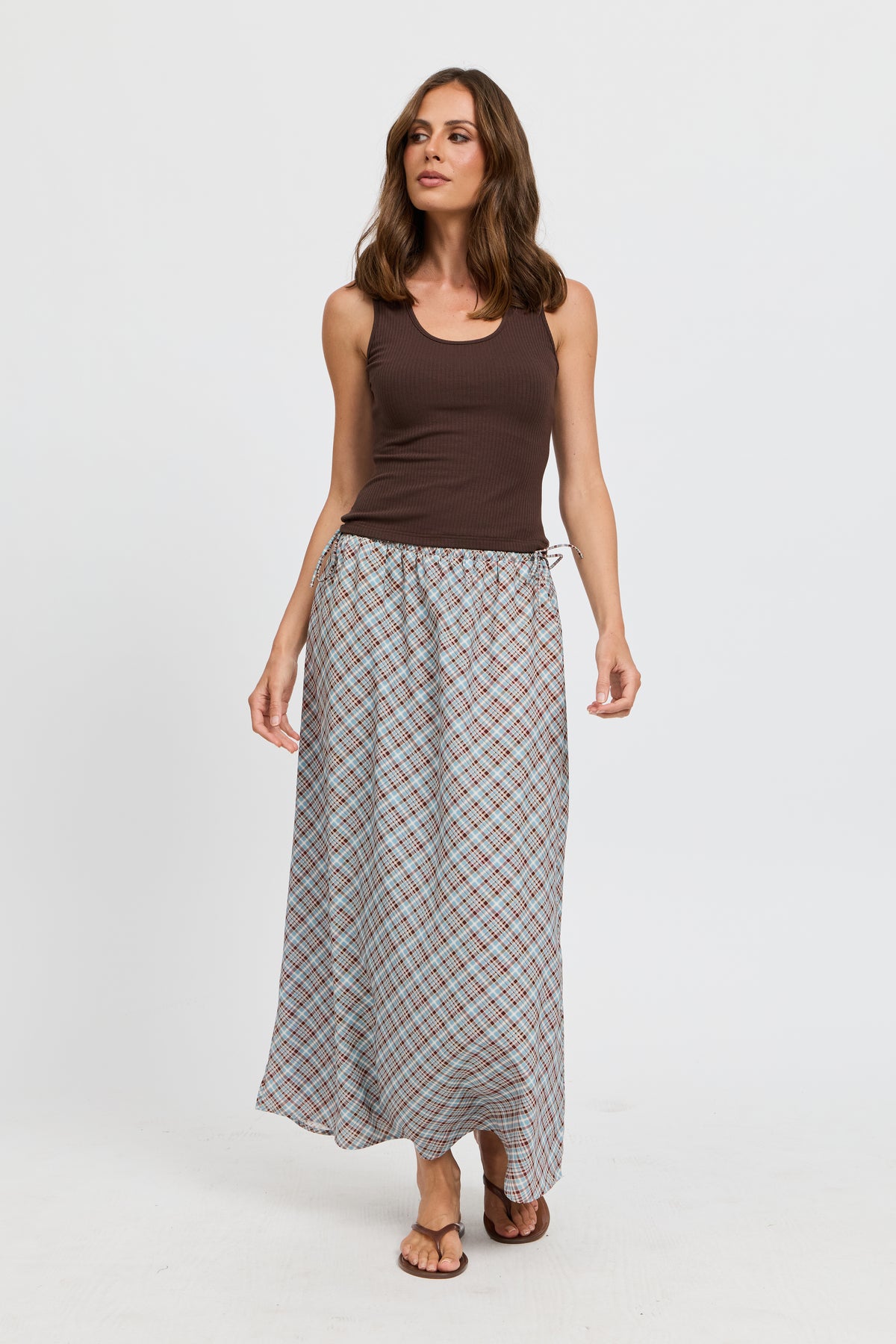 Savannah Check Drawstring Midi Skirt - Blue Multi