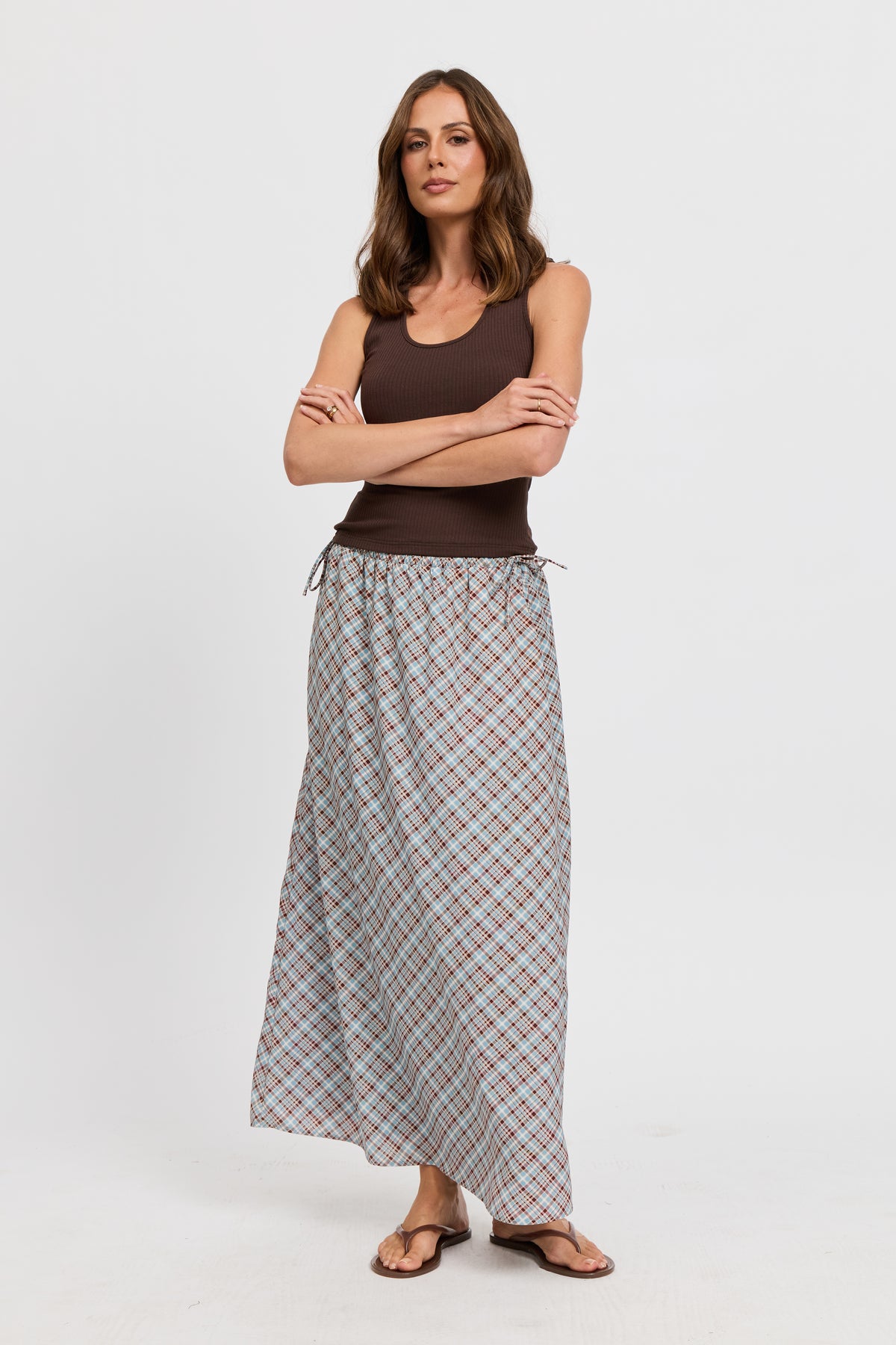 Savannah Check Drawstring Midi Skirt - Blue Multi