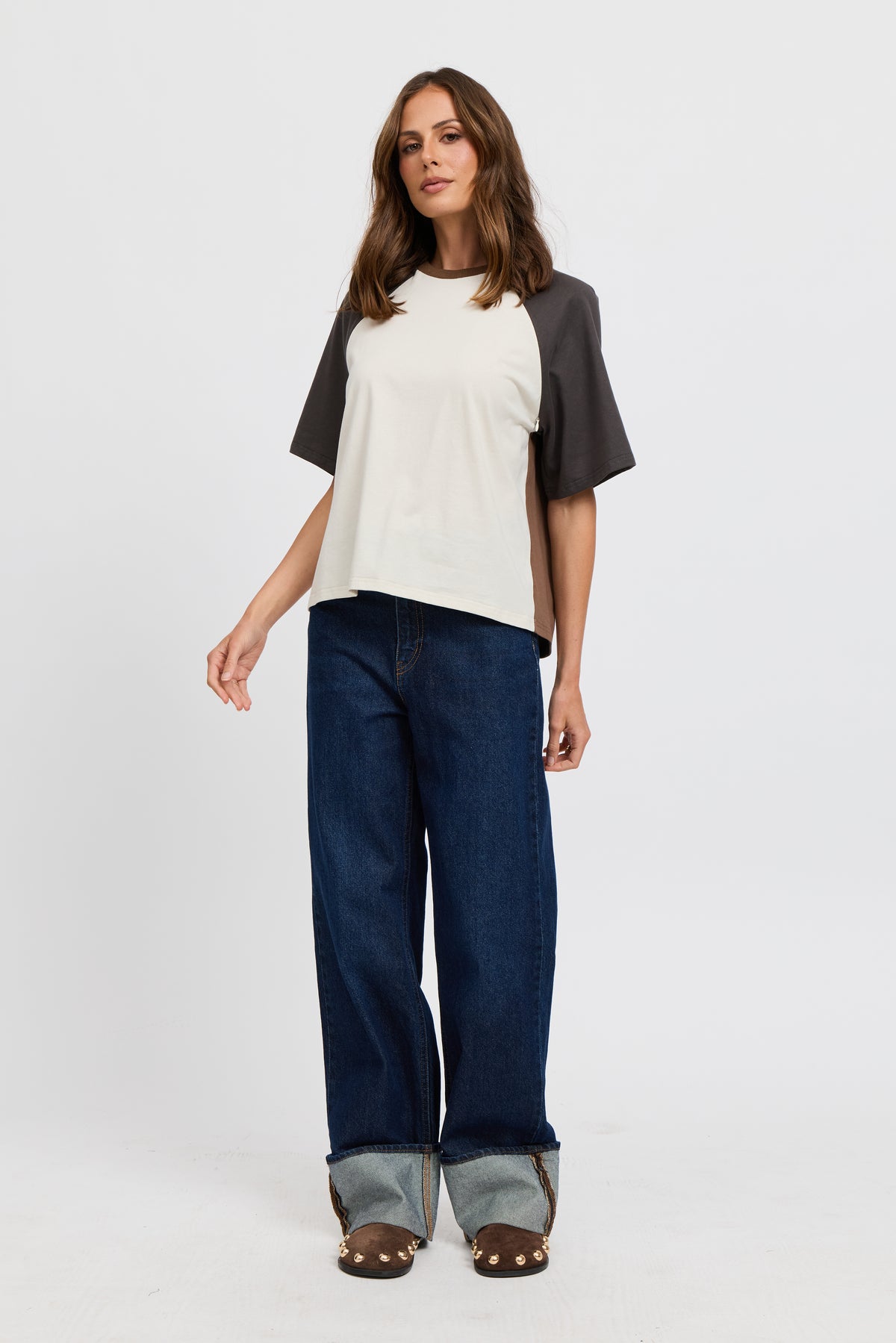 Tasmin Box-Cut Tee - Chocolate / Charcoal / Cream