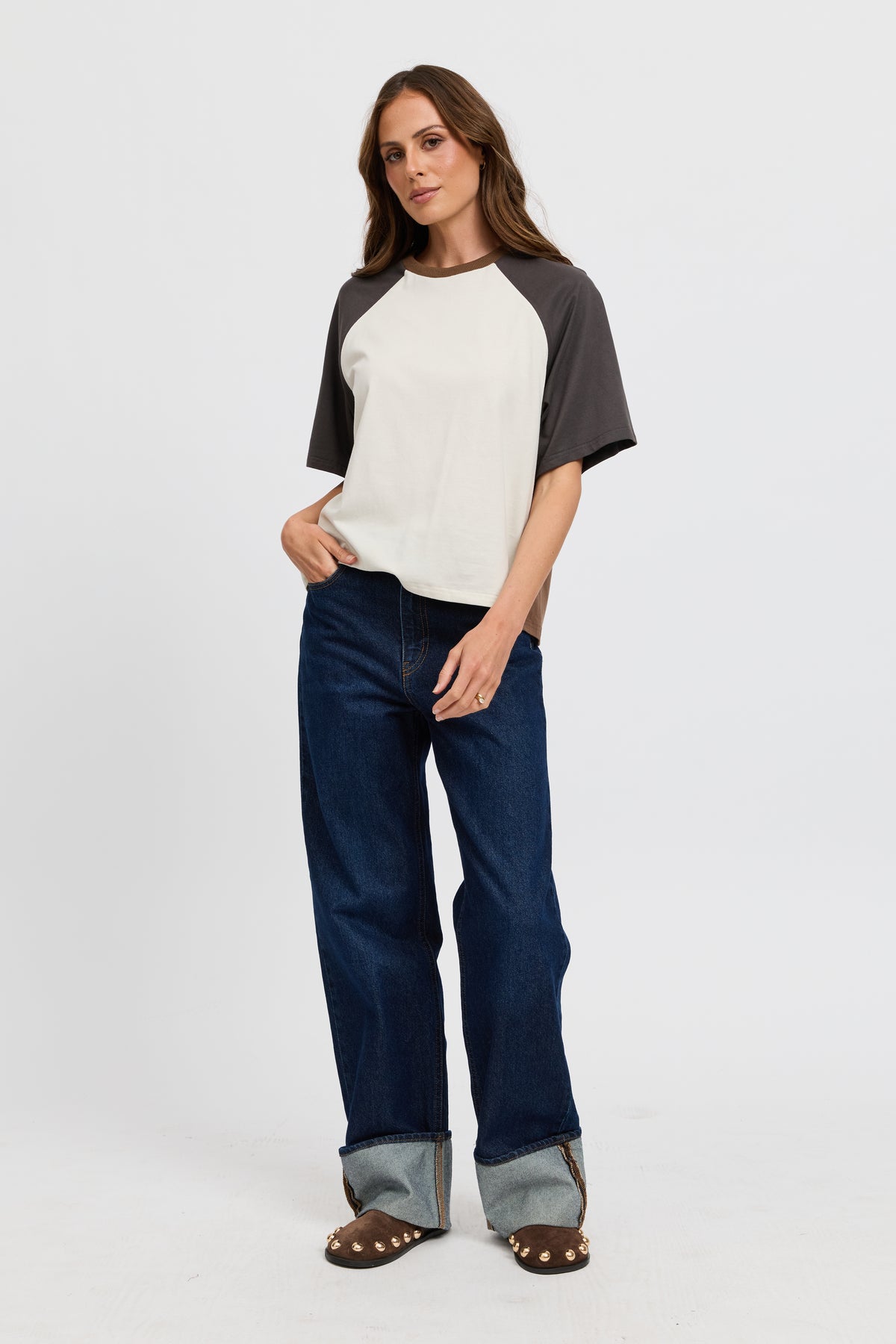 Tasmin Box-Cut Tee - Chocolate / Charcoal / Cream