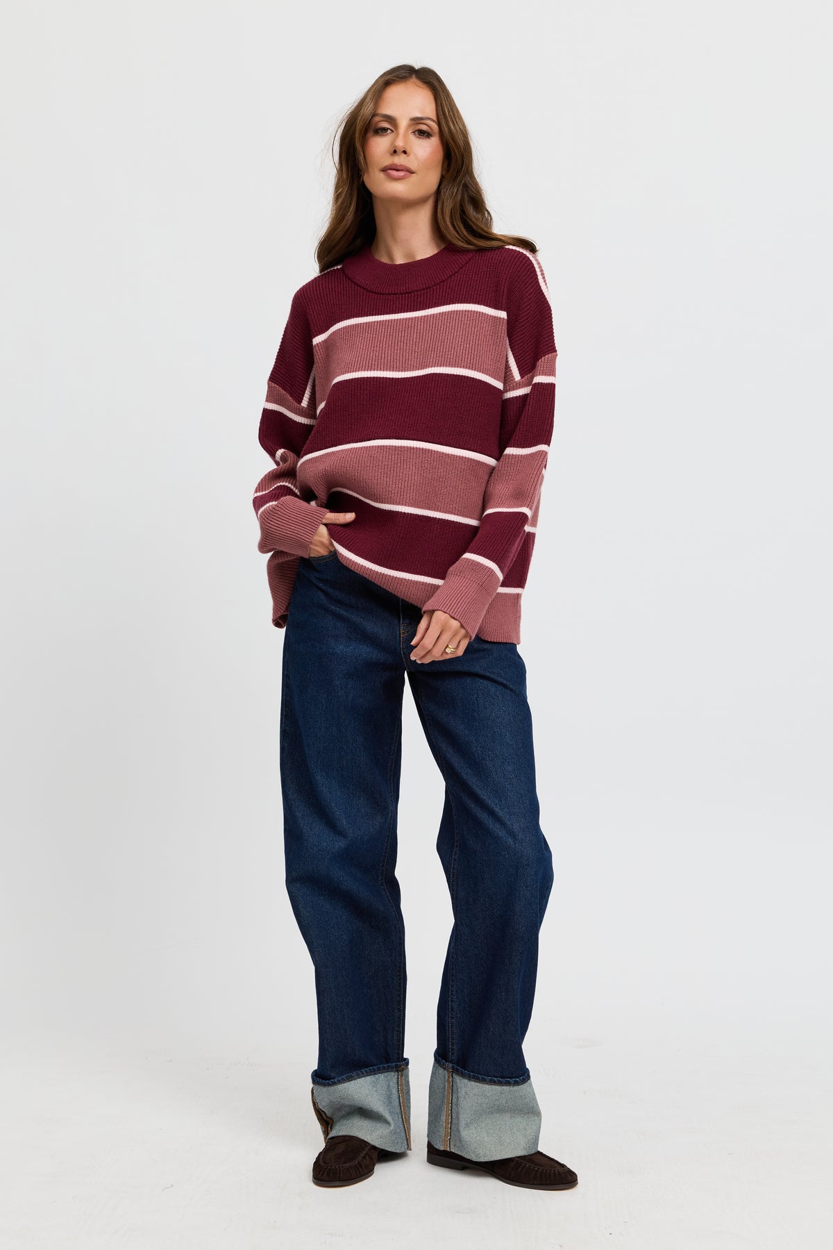 Sasha Stripe Knit Jumper  - Burgundy / Strawberry