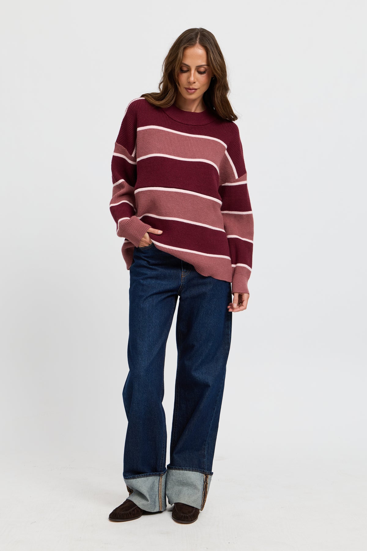 Sasha Stripe Knit Jumper  - Burgundy / Strawberry