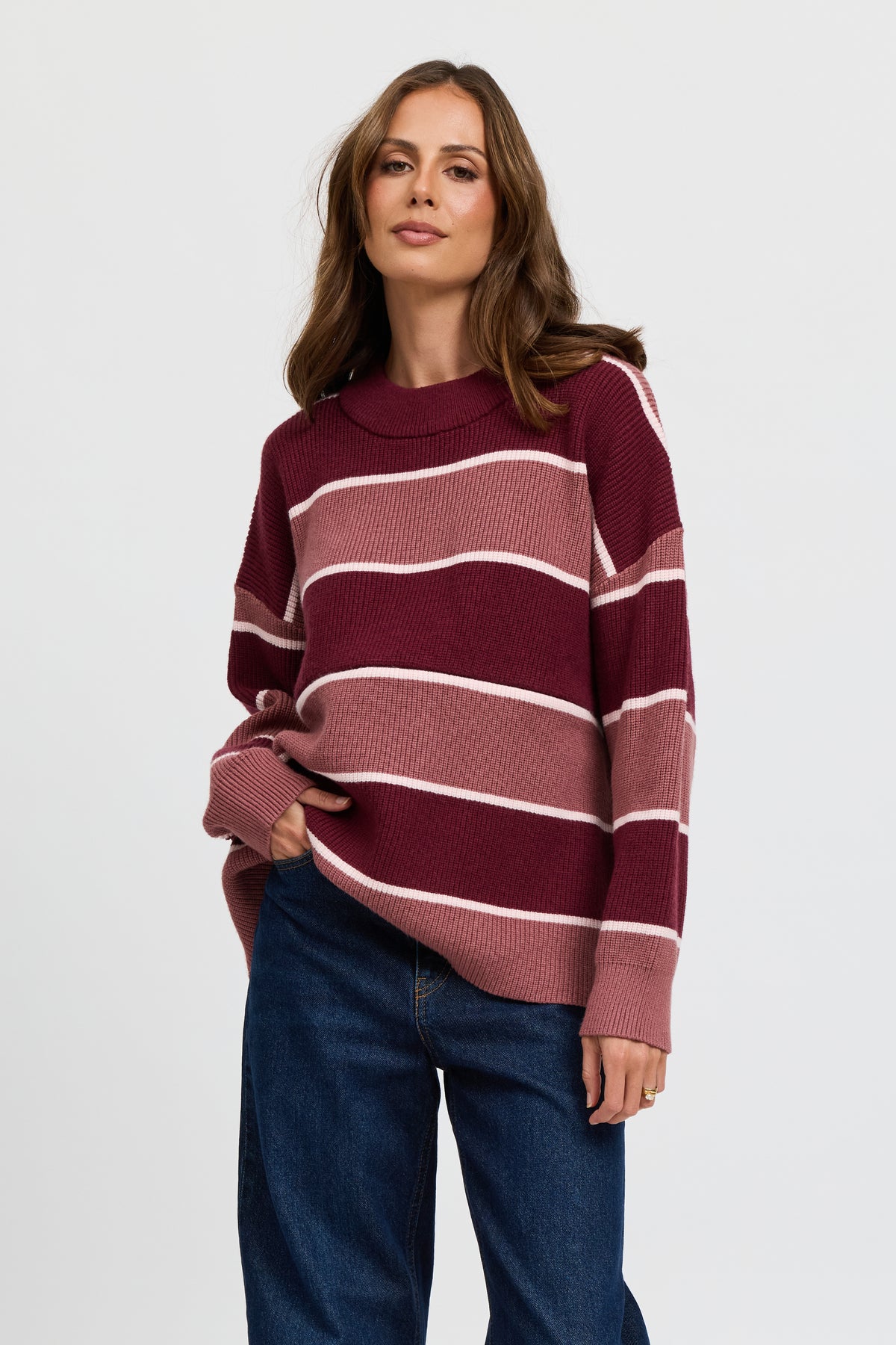 Sasha Stripe Knit Jumper  - Burgundy / Strawberry