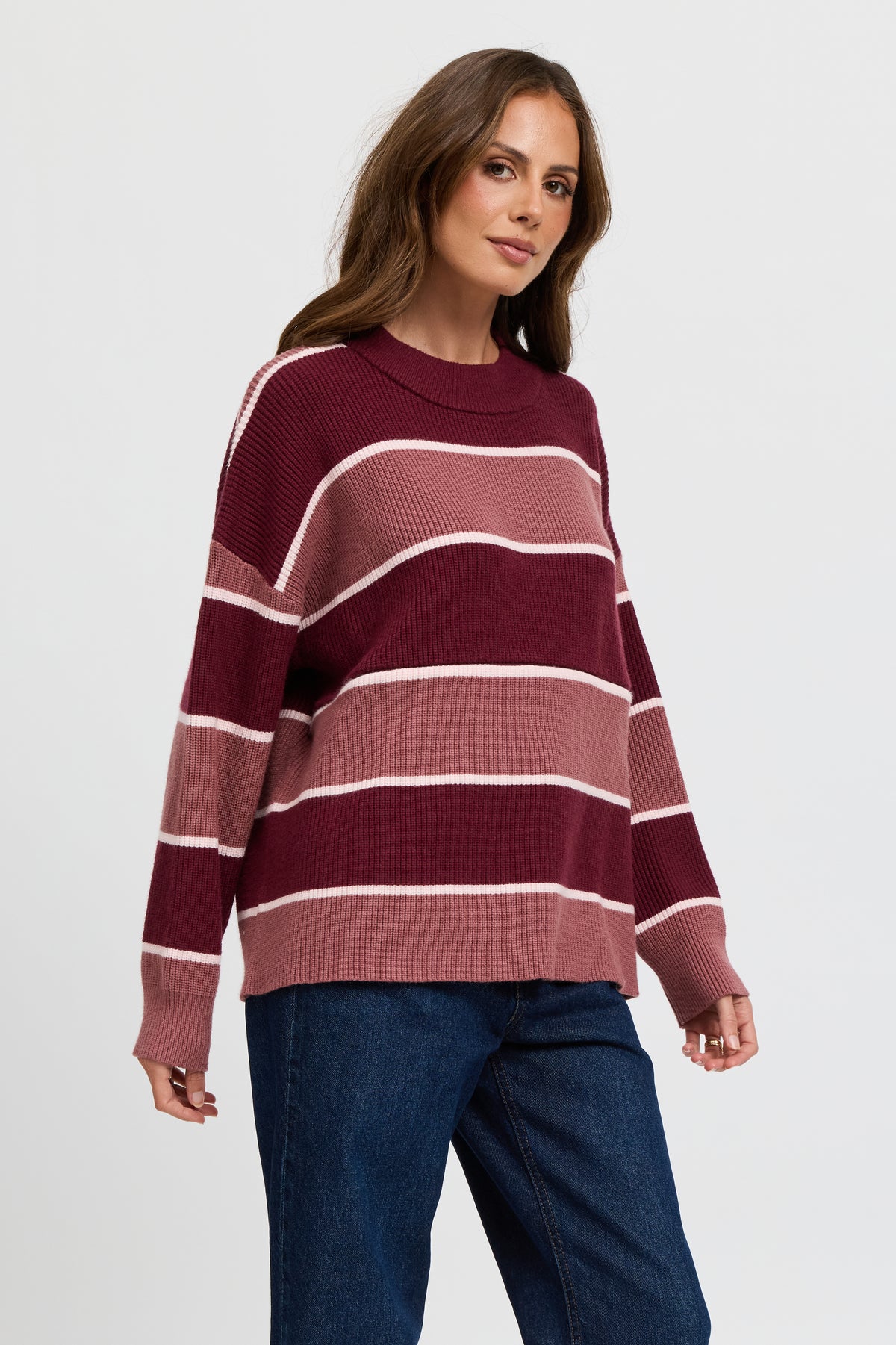 Sasha Stripe Knit Jumper  - Burgundy / Strawberry