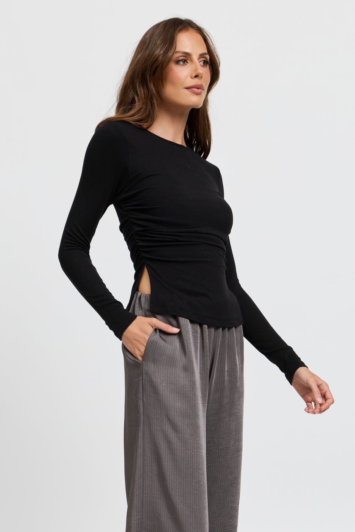 Ari Ribbed Long Sleeve Top - Black