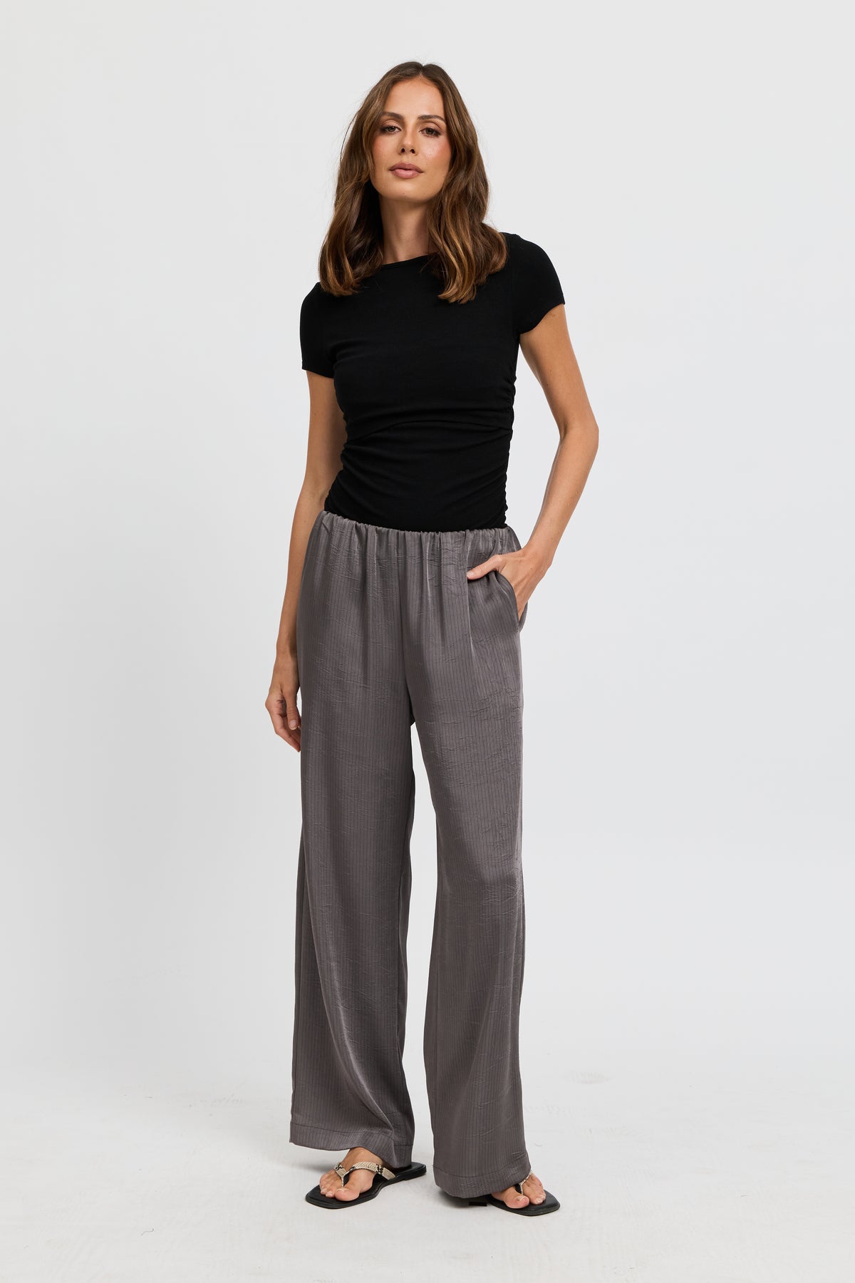 Agnes Satin Wide Leg Pant - Slate
