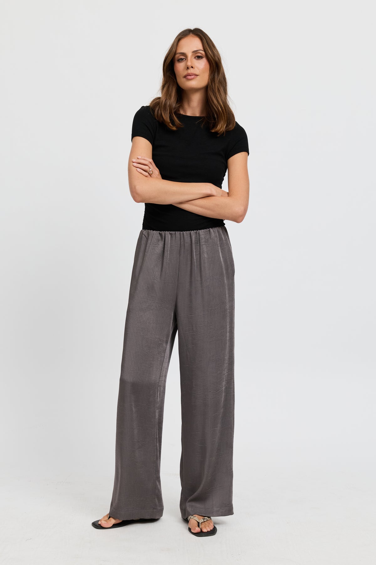 Agnes Satin Wide Leg Pant - Slate