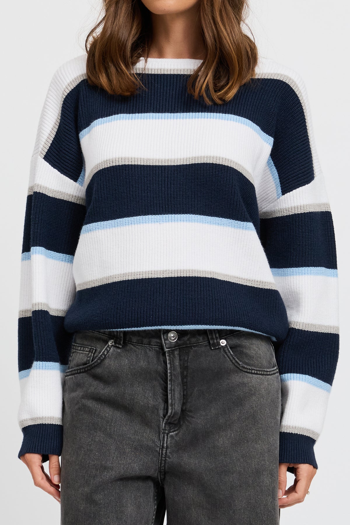Callie Boatneck Stripe Knit Jumper - White / Navy / Blue