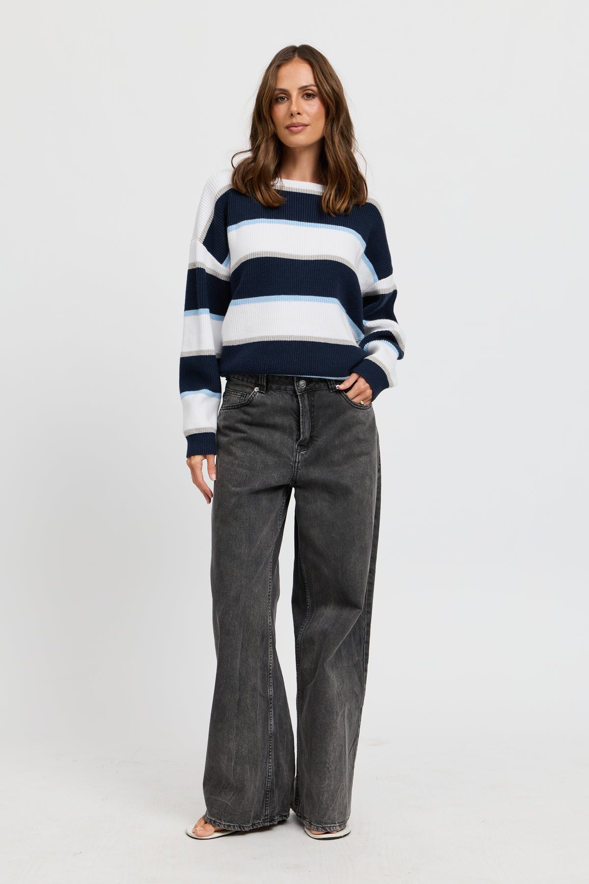 Callie Boatneck Stripe Knit Jumper - White / Navy / Blue