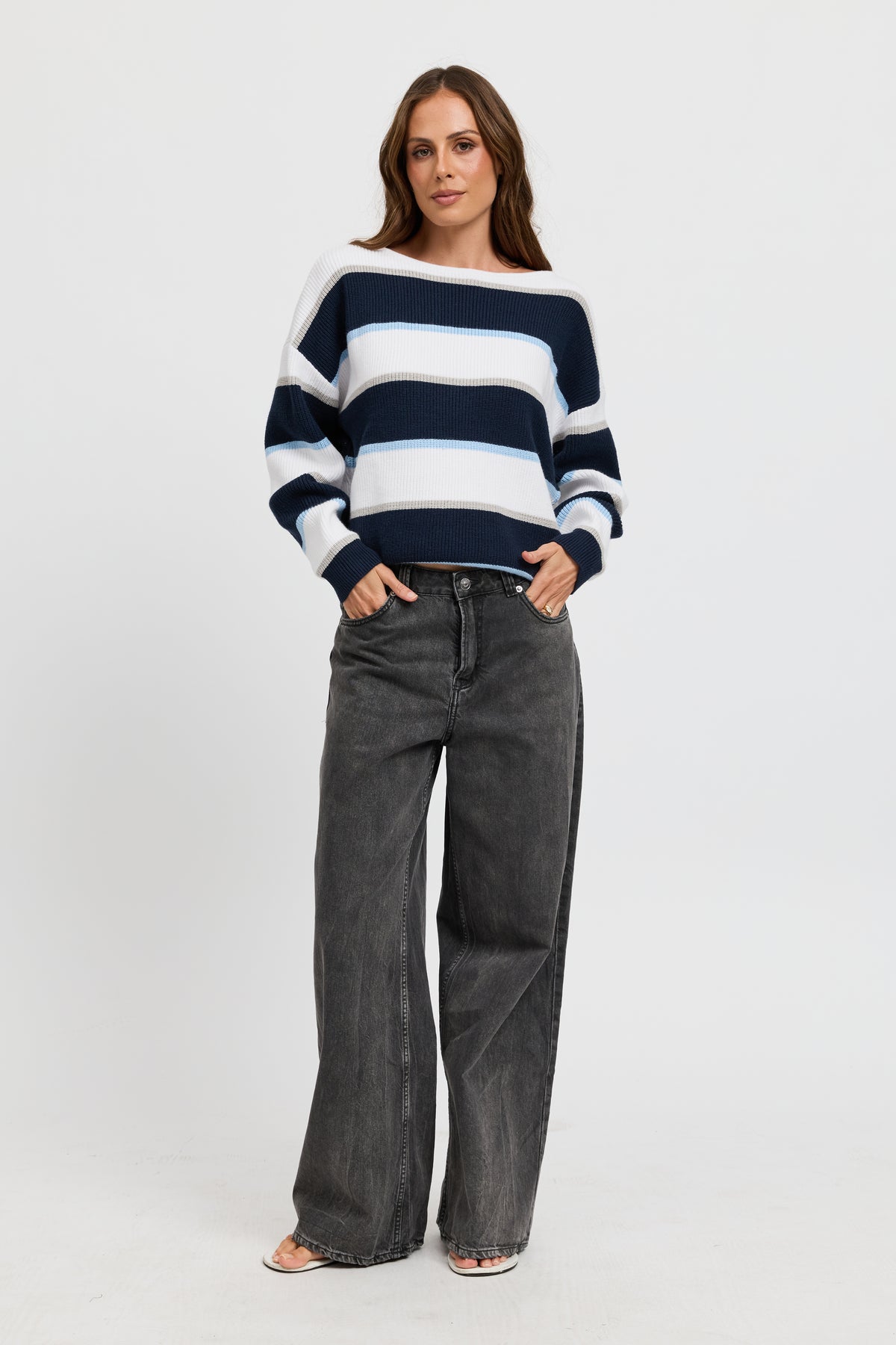 Callie Boatneck Stripe Knit Jumper - White / Navy / Blue