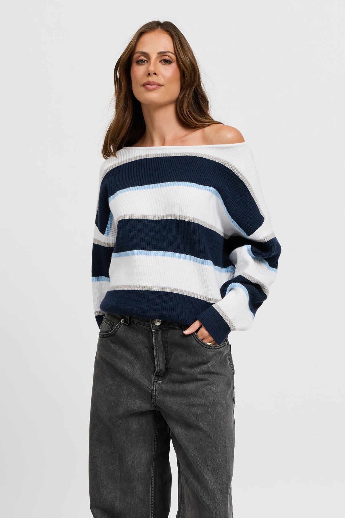 Callie Boatneck Stripe Knit Jumper - White / Navy / Blue