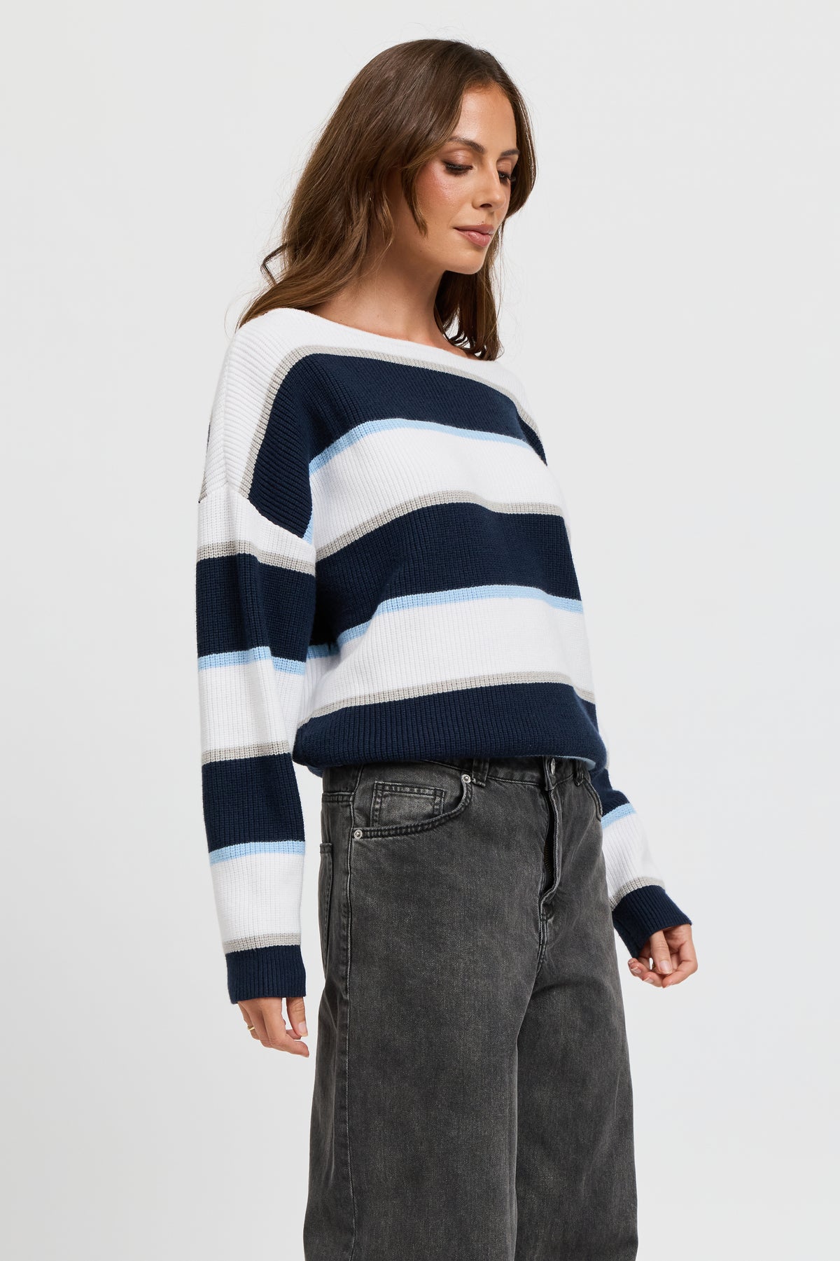 Callie Boatneck Stripe Knit Jumper - White / Navy / Blue