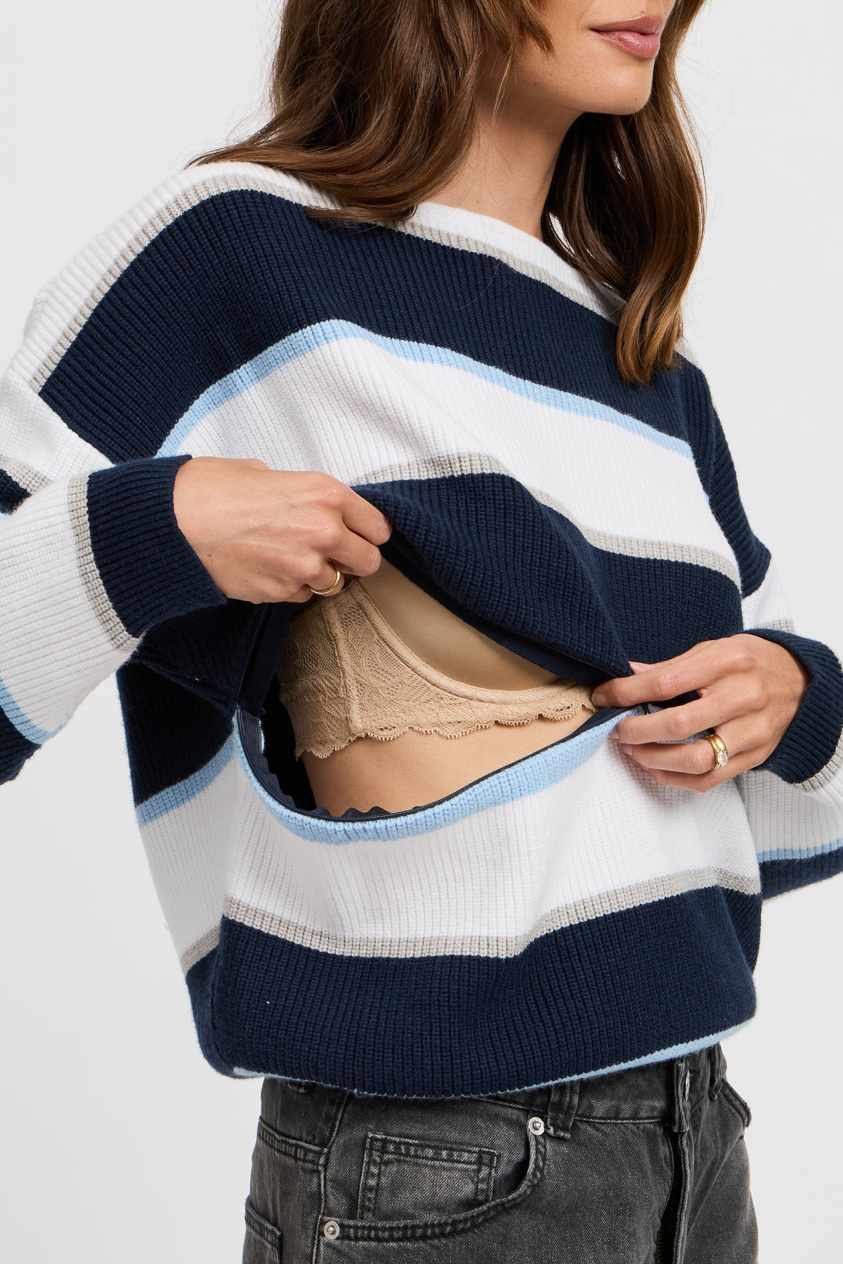 Callie Boatneck Stripe Knit Jumper - White / Navy / Blue