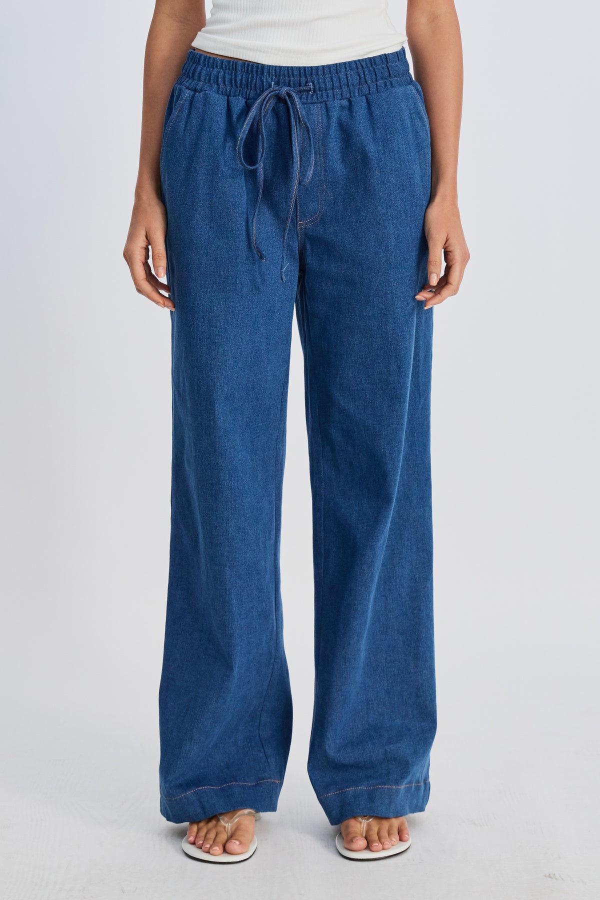 Claudia Elastic-Waist Denim Look Pant - Medium Blue