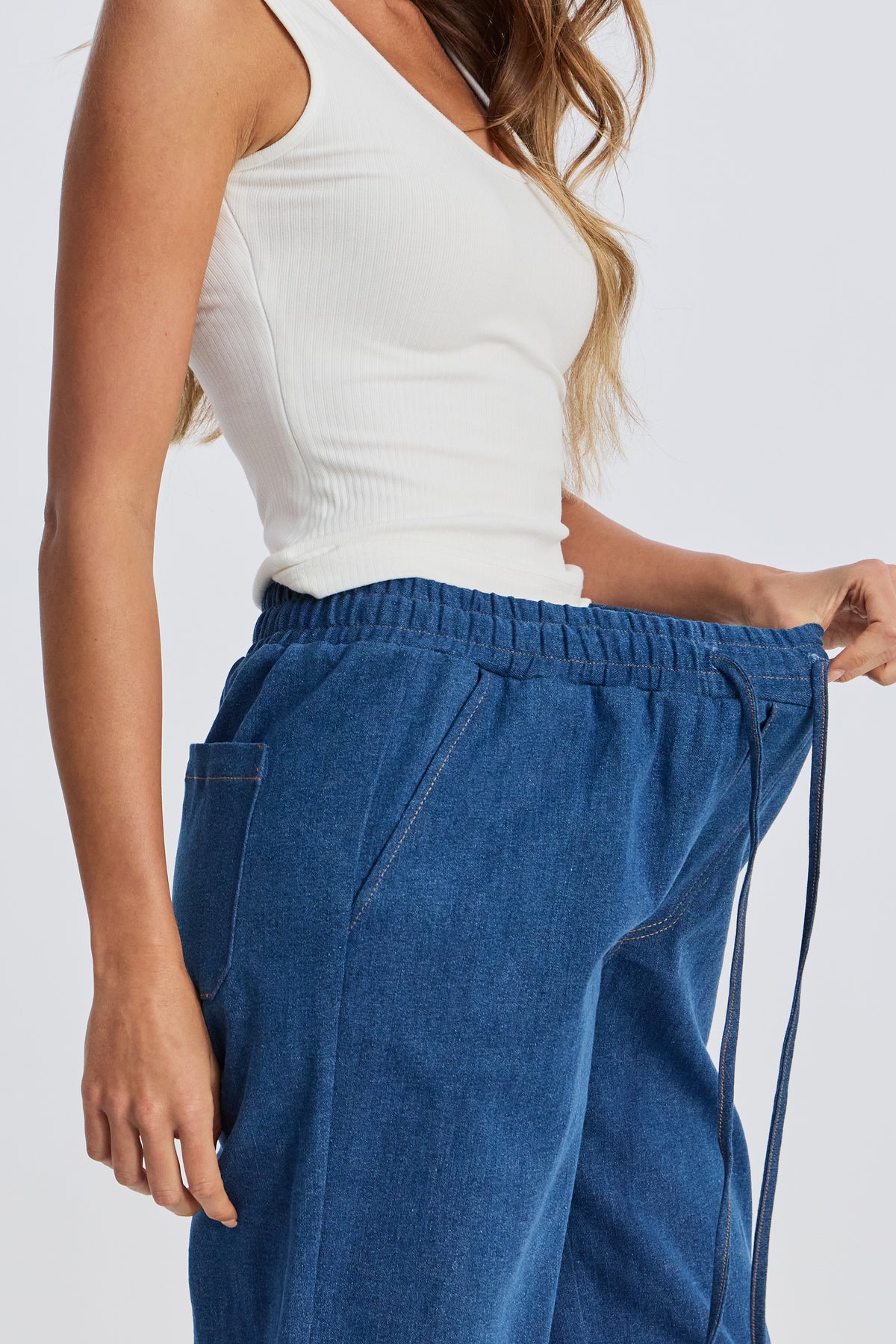 Claudia Elastic-Waist Denim Look Pant - Medium Blue