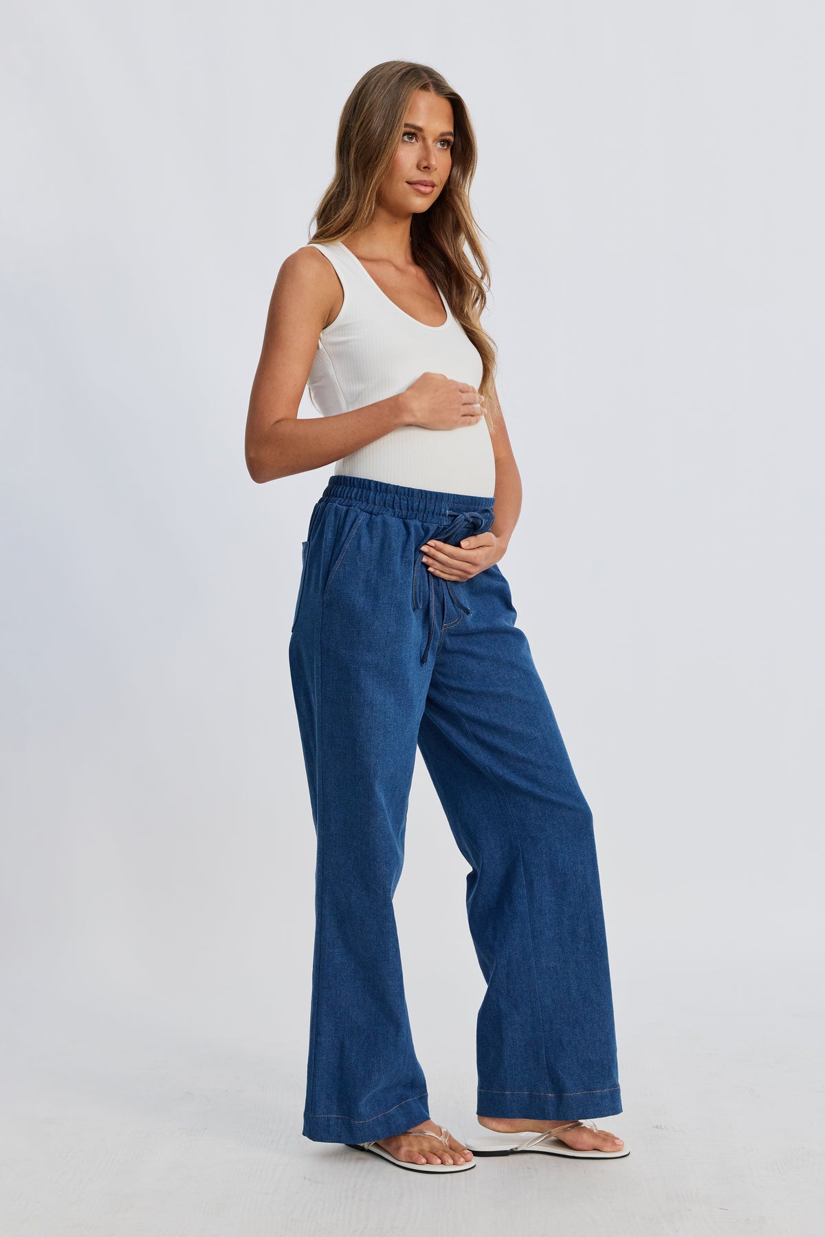 Claudia Elastic-Waist Denim Look Pant - Medium Blue