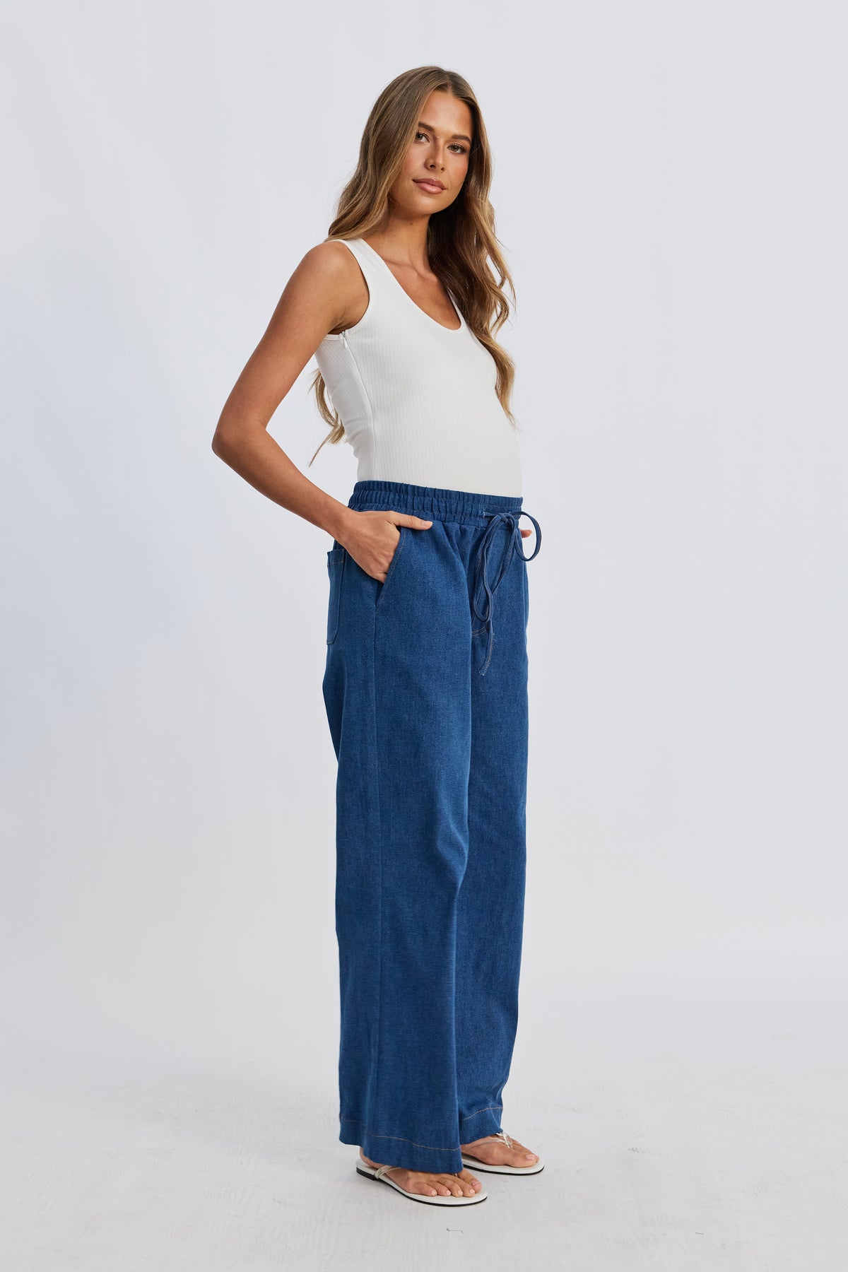 Claudia Elastic-Waist Denim Look Pant - Medium Blue