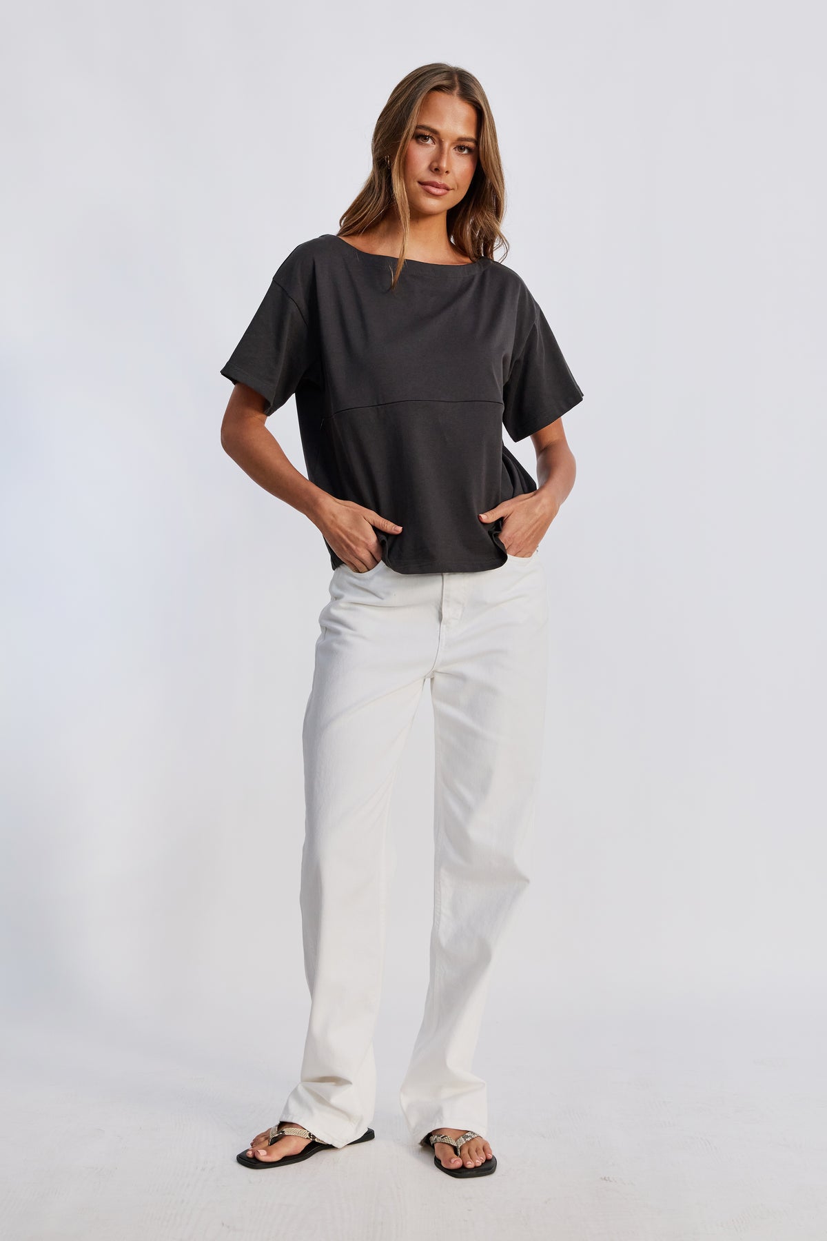 Aria Boatneck Panel Tee - Charcoal