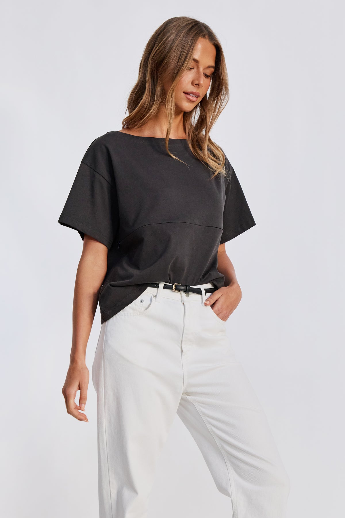 Aria Boatneck Panel Tee - Charcoal