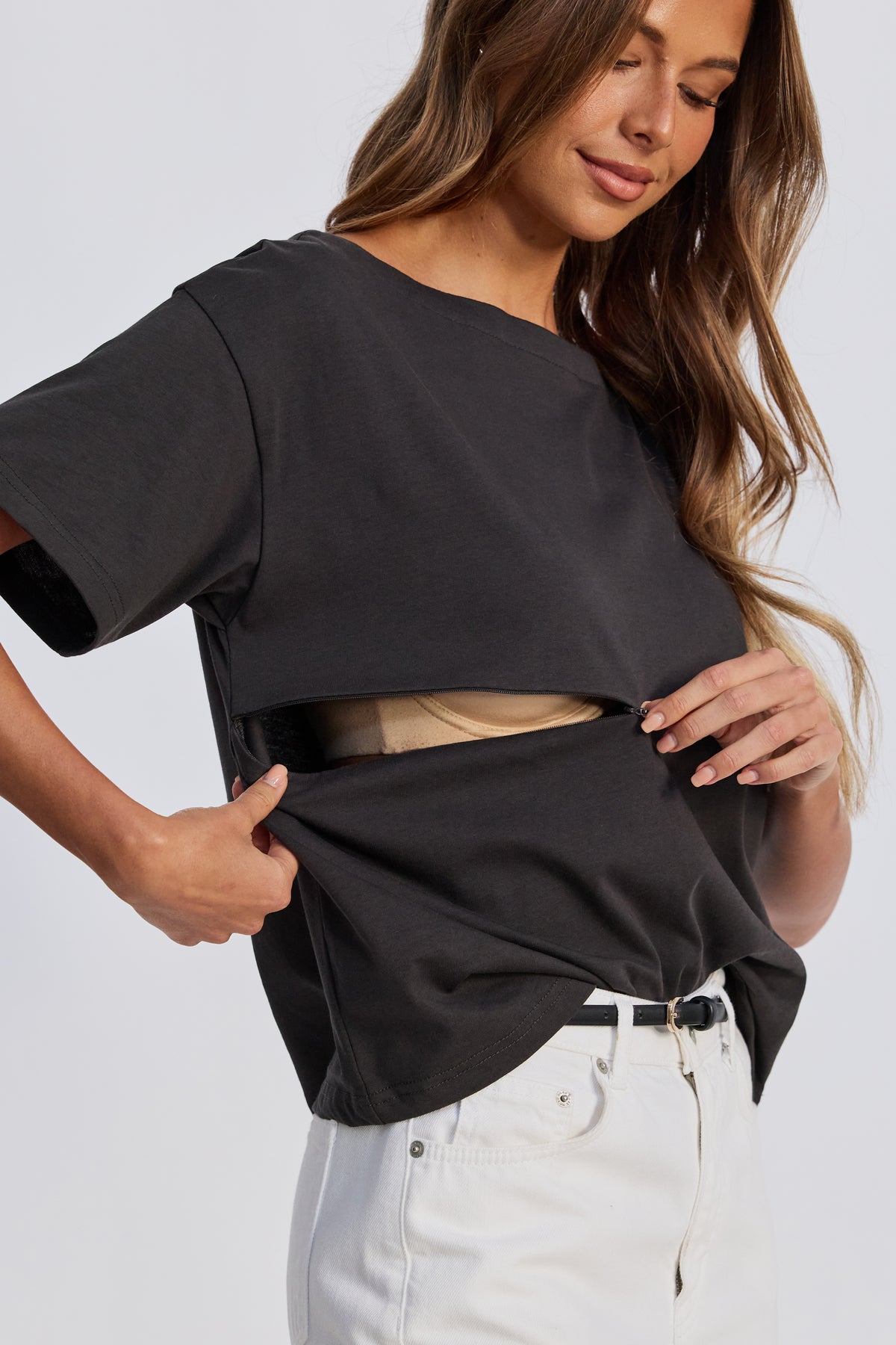 Aria Boatneck Panel Tee - Charcoal