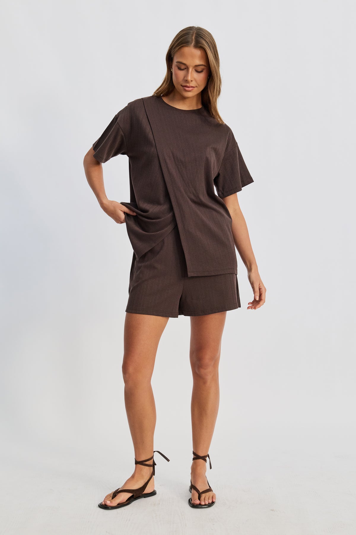 Ivy Waffle Longline Wrap Tee - Chocolate