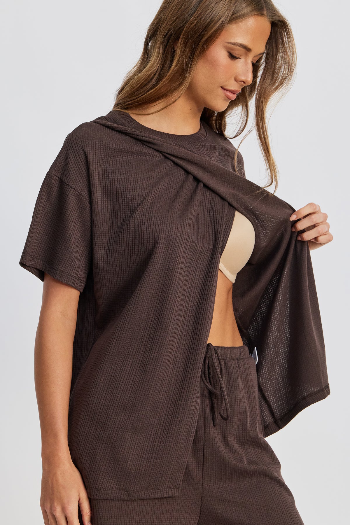 Ivy Waffle Longline Wrap Tee - Chocolate