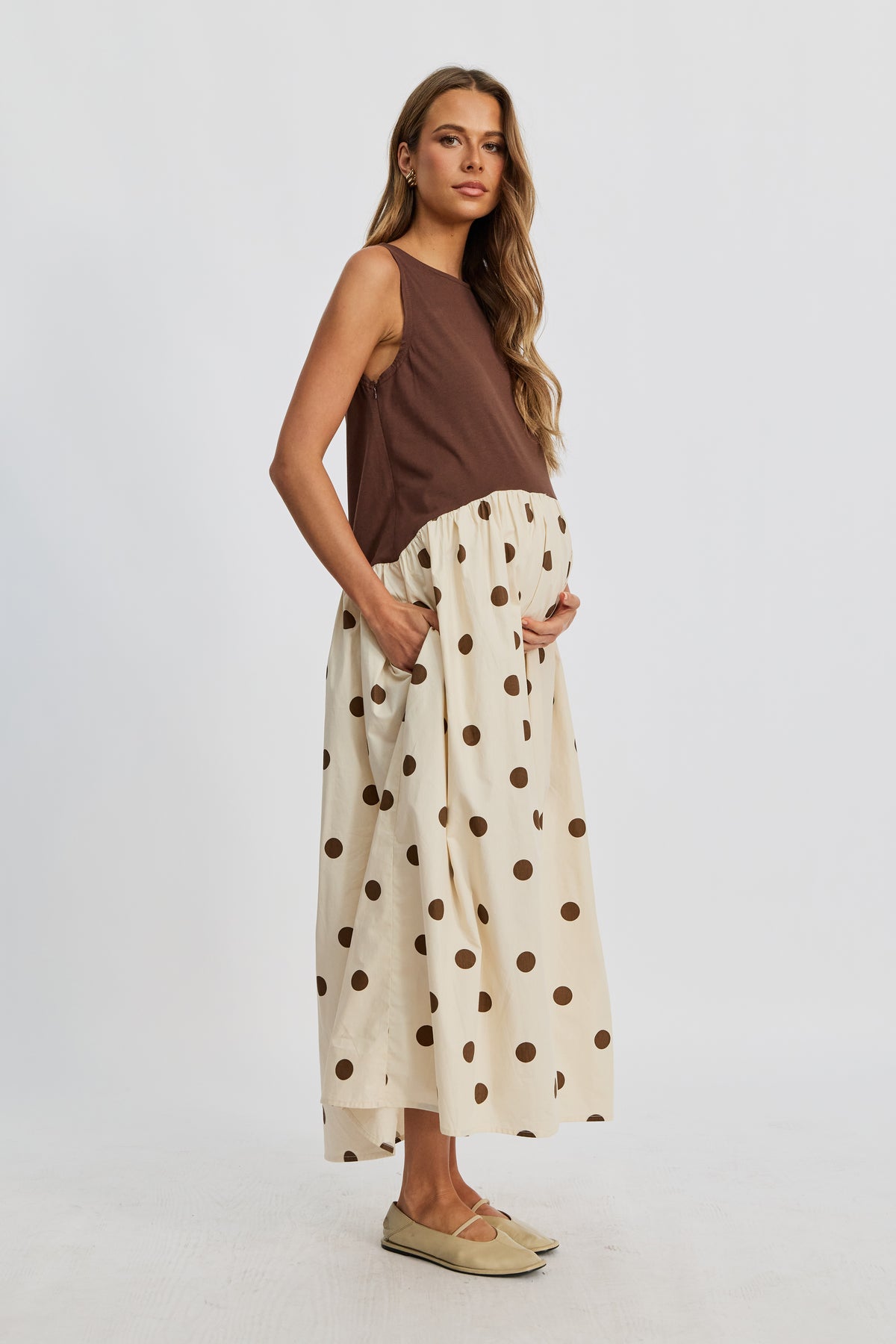 Evelyn Drop-Waist Midi Dress - Cream / Brown Spot