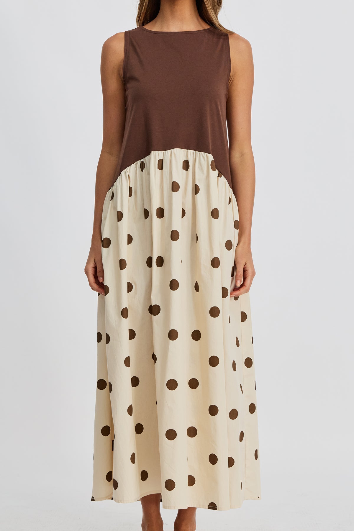 Evelyn Drop-Waist Midi Dress - Cream / Brown Spot