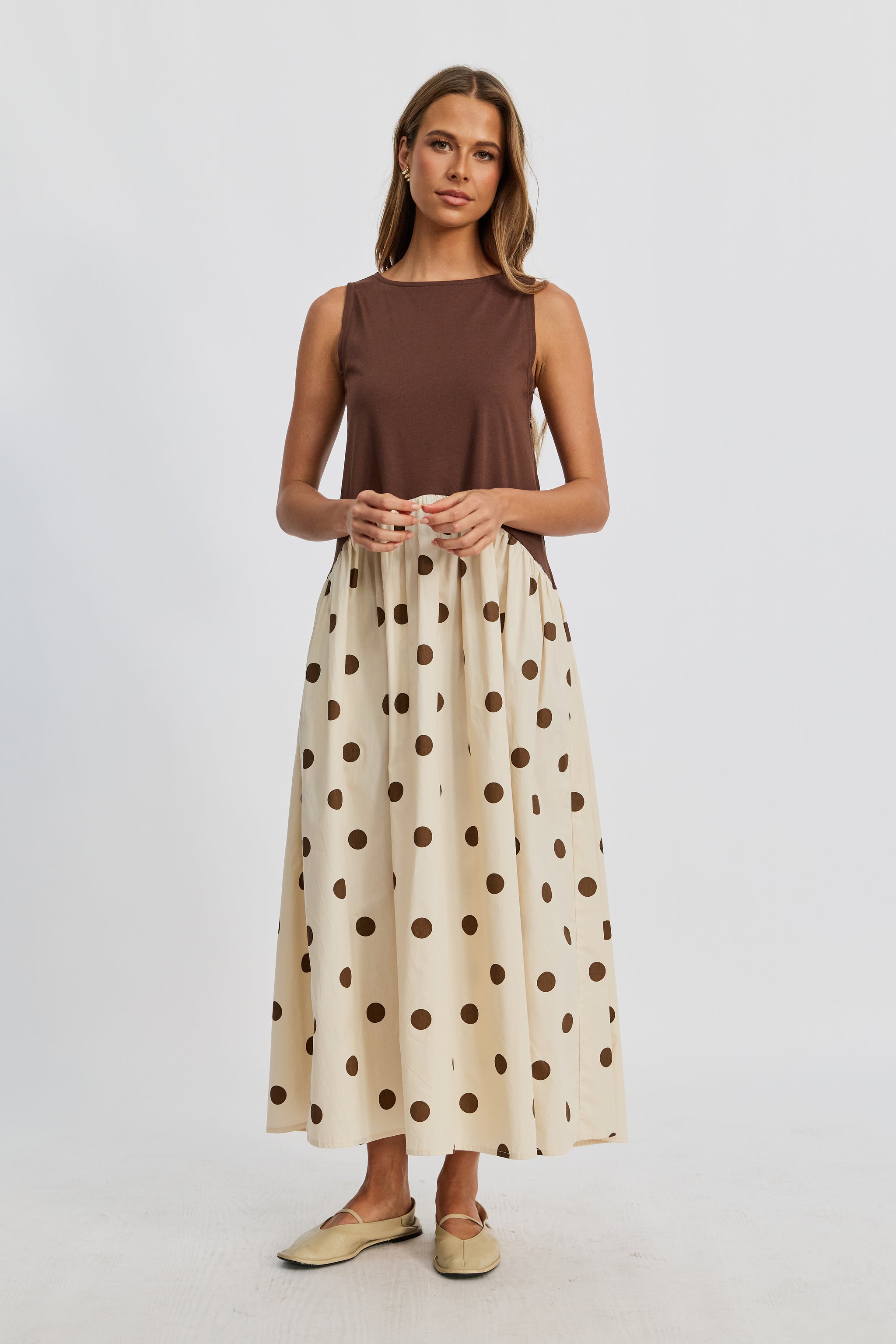 Evelyn Drop-Waist Midi Dress - Cream / Brown Spot, L