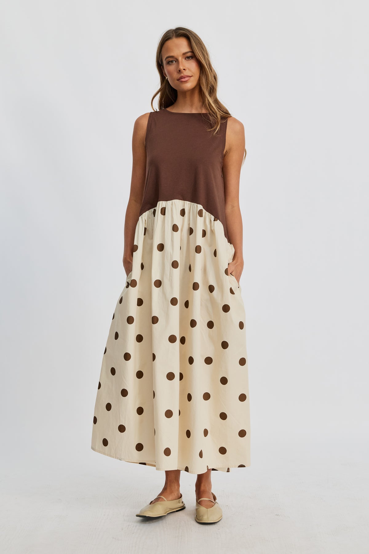 Evelyn Drop-Waist Midi Dress - Cream / Brown Spot