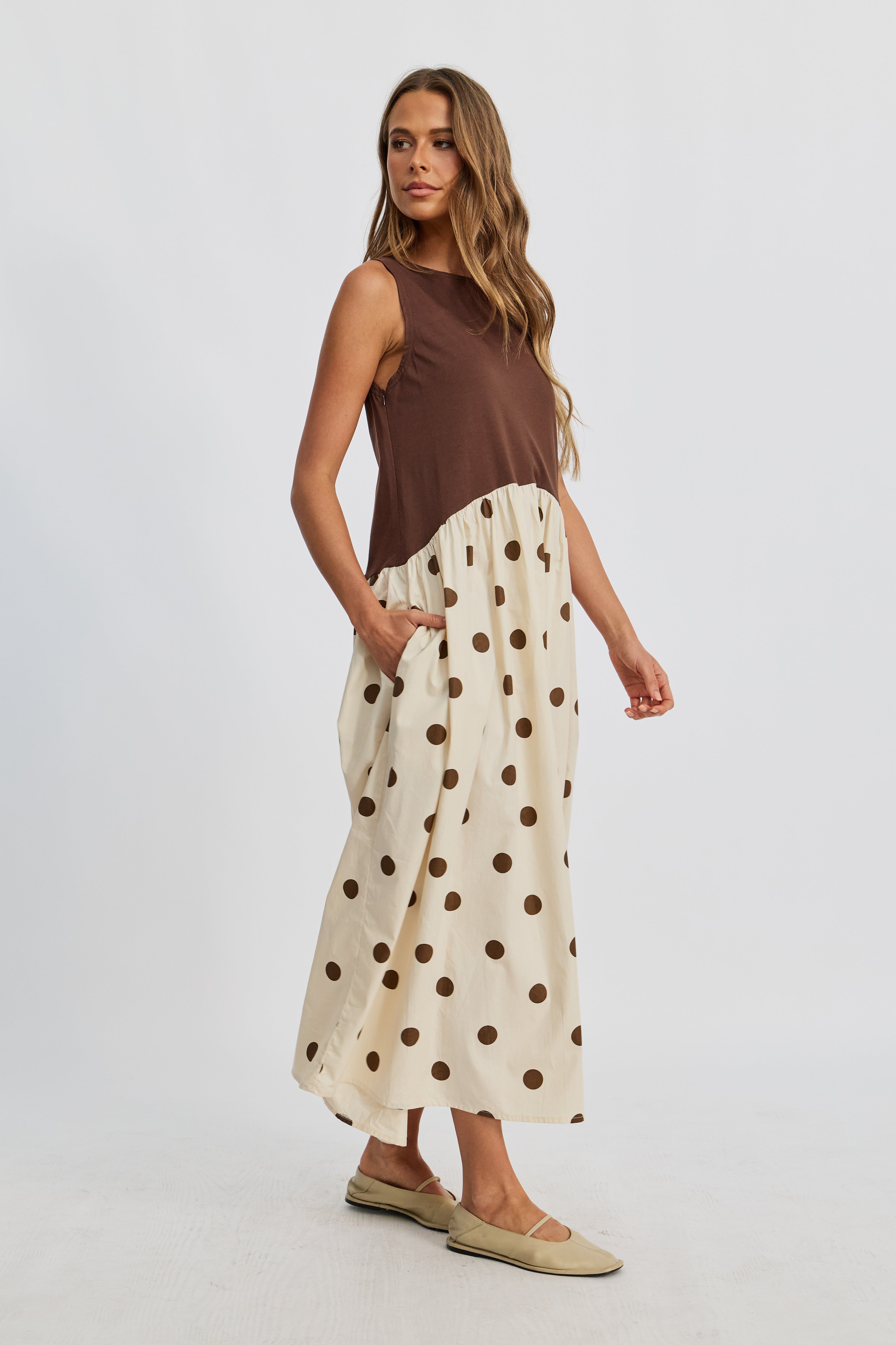 Evelyn Drop-Waist Midi Dress - Cream / Brown Spot, L Evelyn Drop-Waist Midi Dress - Cream / Brown Spot, L