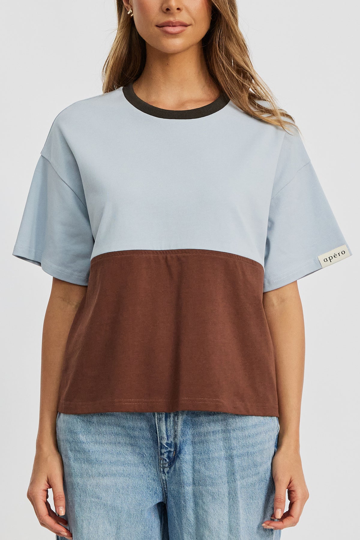Duo Drop-Shoulder Panel Tee - Brown / Baby Blue