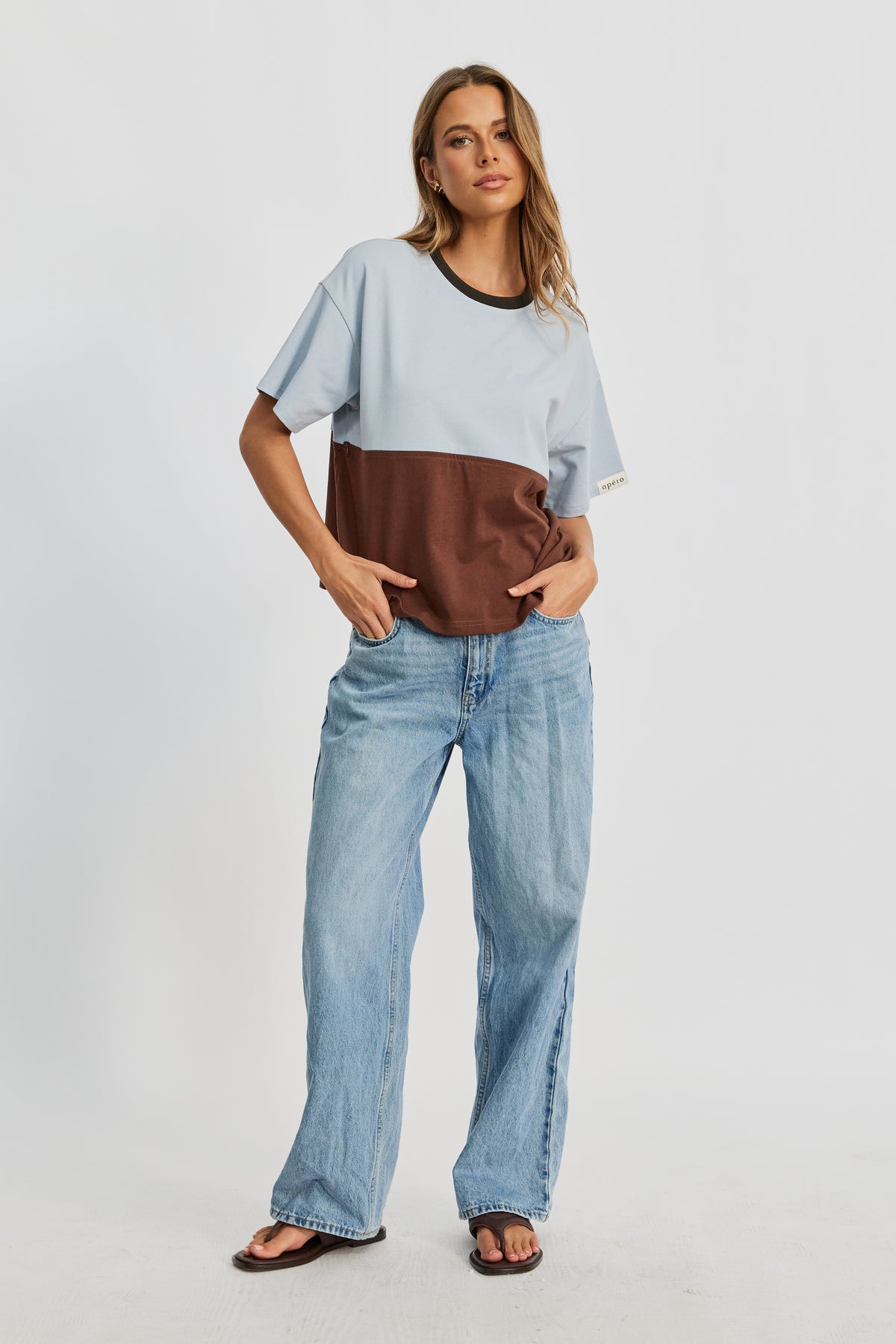 Duo Drop-Shoulder Panel Tee - Brown / Baby Blue