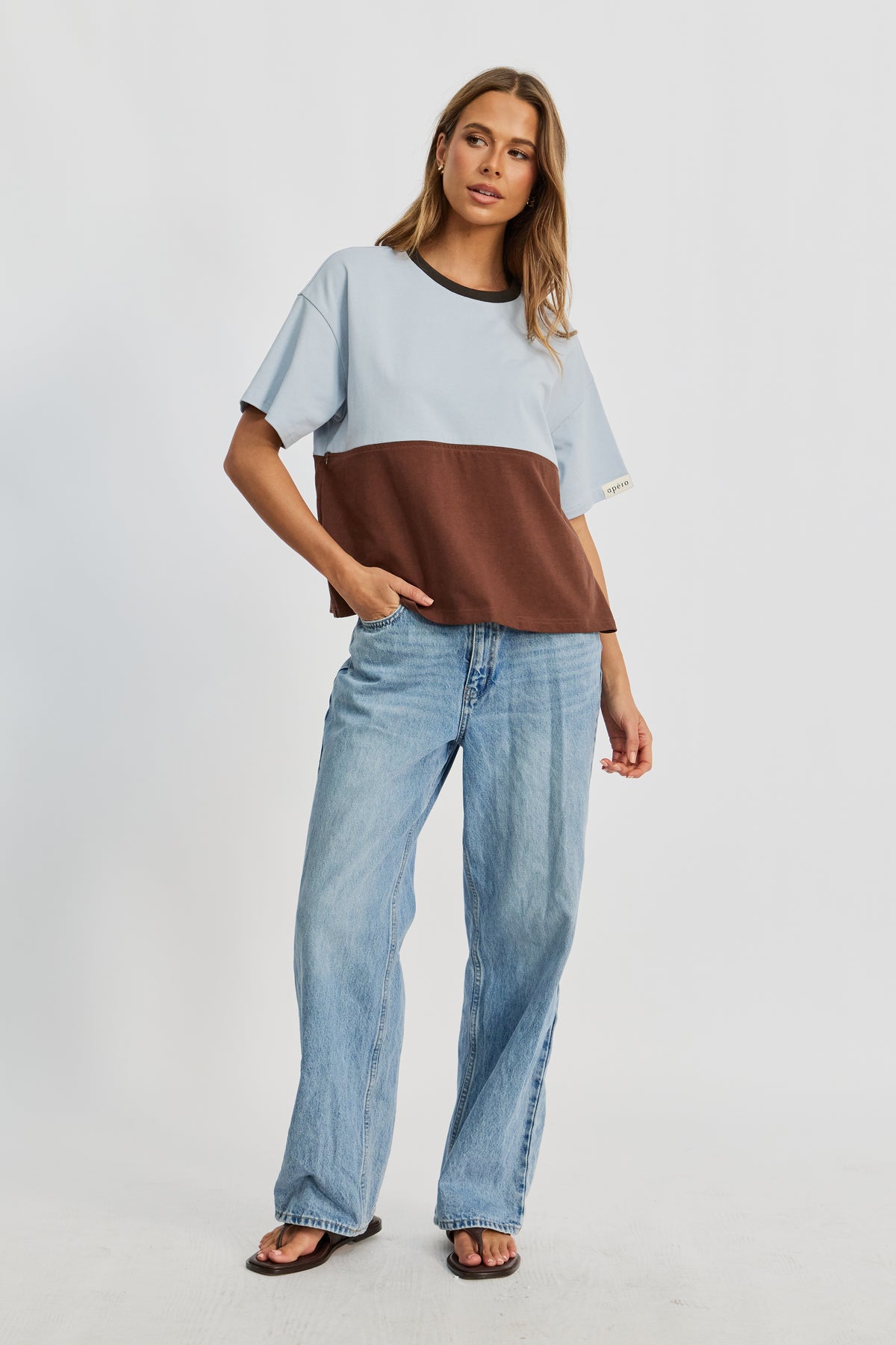 Duo Drop-Shoulder Panel Tee - Brown / Baby Blue