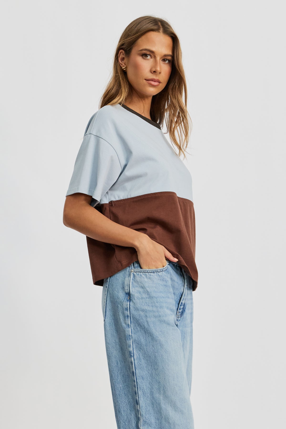 Duo Drop-Shoulder Panel Tee - Brown / Baby Blue
