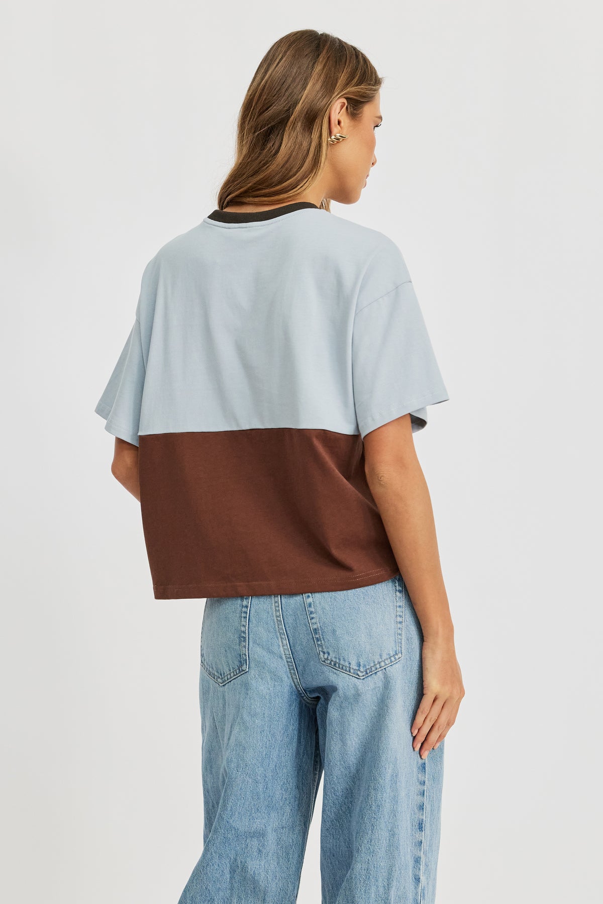 Duo Drop-Shoulder Panel Tee - Brown / Baby Blue